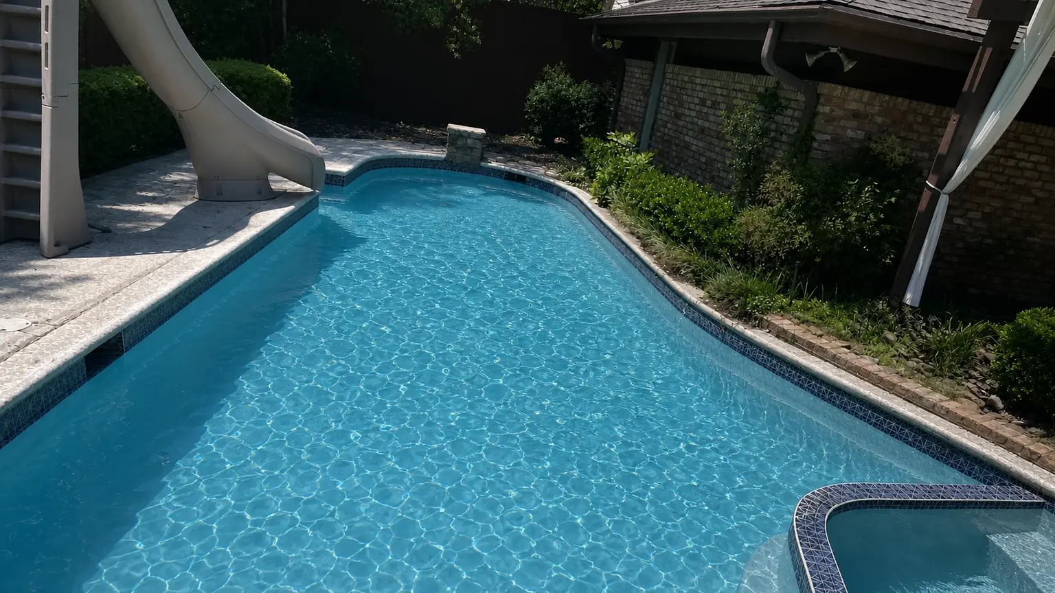 Clear blue backyard pool after service and cleanup