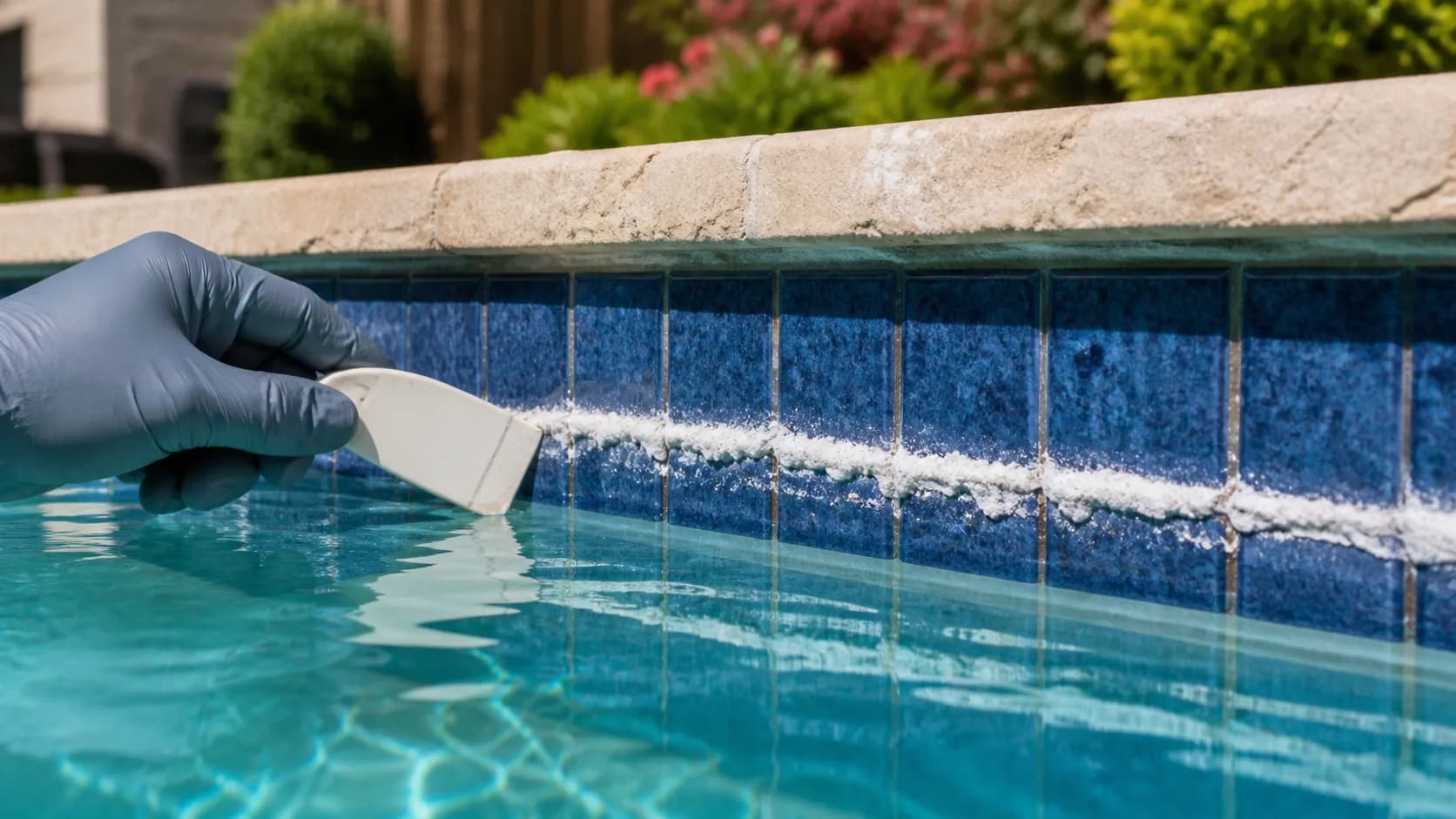 A gloved hand scrapes a thick white calcium deposit from blue glass tile at a swimming pool waterline.