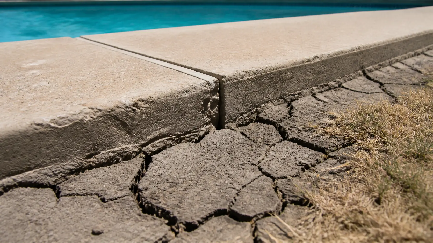 Deep cracks fissure dry clay soil beside a settled pool deck slab where an expansion joint has opened into a stepped gap.