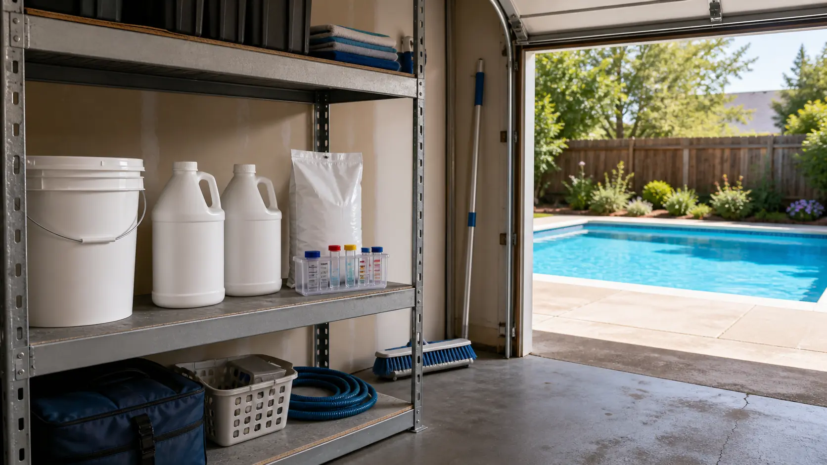 A garage shelf holding chlorine jugs, a bucket of tablets, shock, and a test kit, with a pool brush and pole leaning beside an open door onto a sunlit pool.