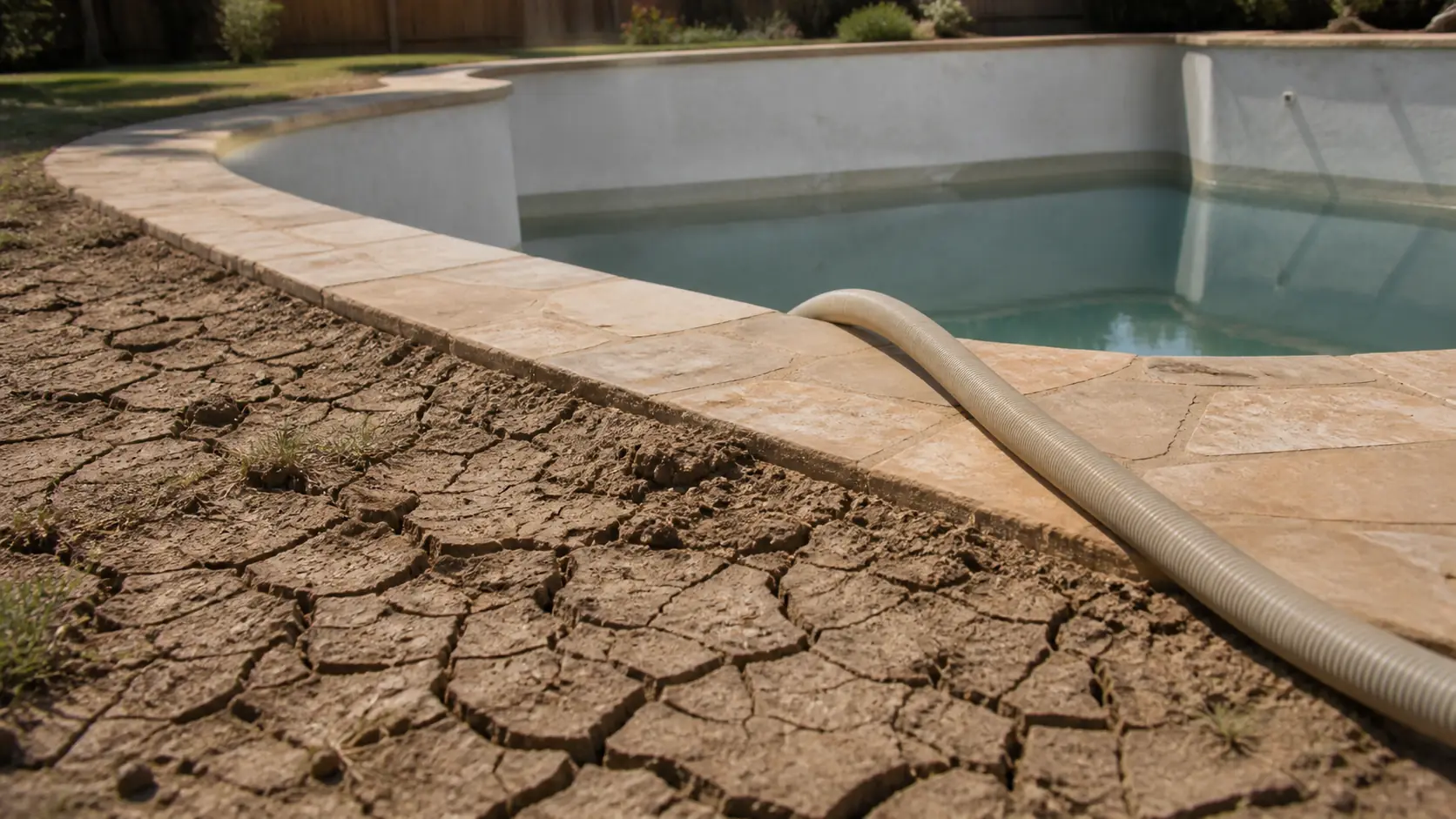 A partially drained backyard pool with pale plaster walls exposed above the waterline and a discharge hose running over the stone coping, beside cracked dry clay soil.