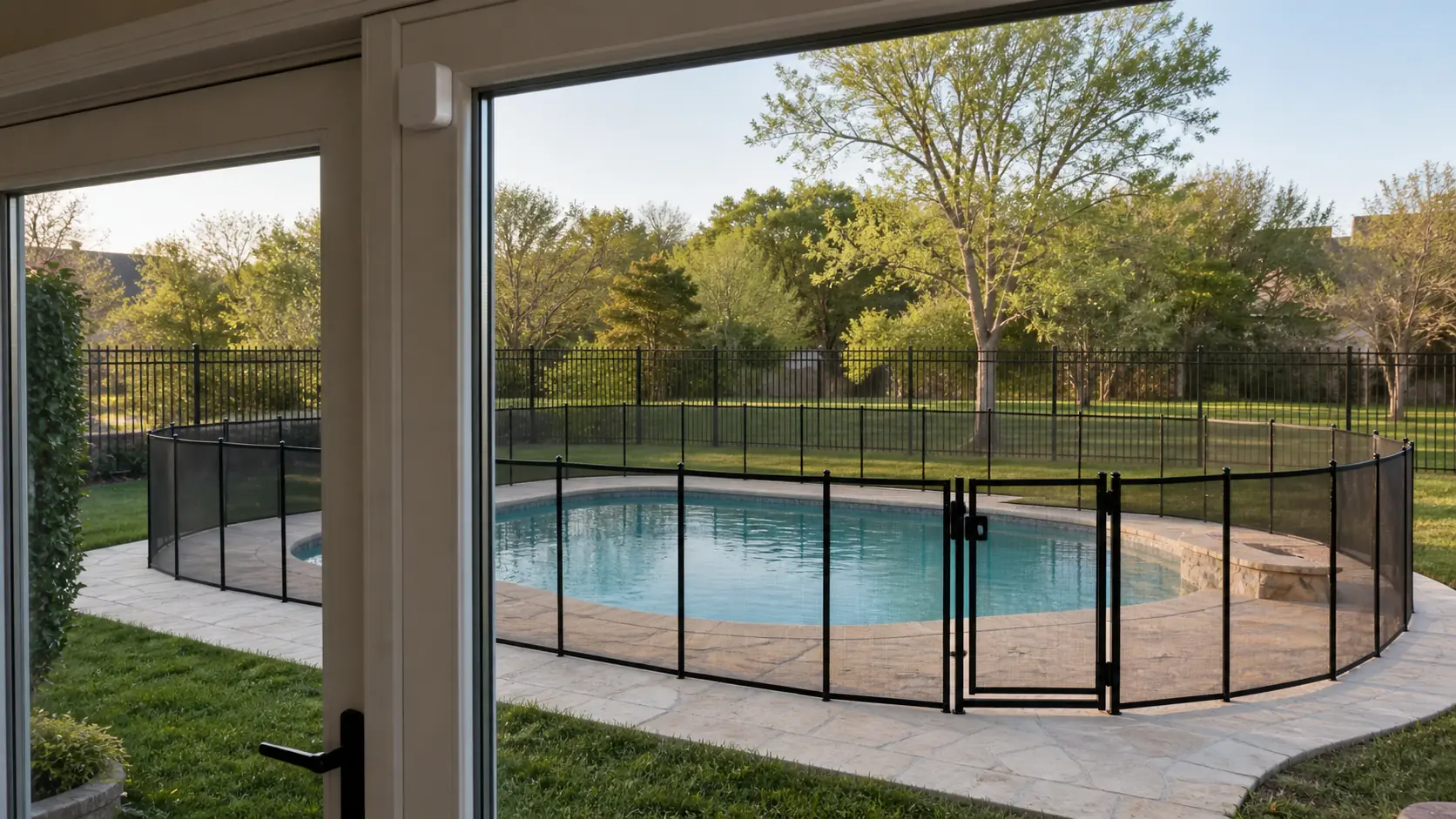 A black mesh safety fence with a self-closing gate encircles a backyard pool, with a door alarm mounted at the top corner of the home's rear glass door.