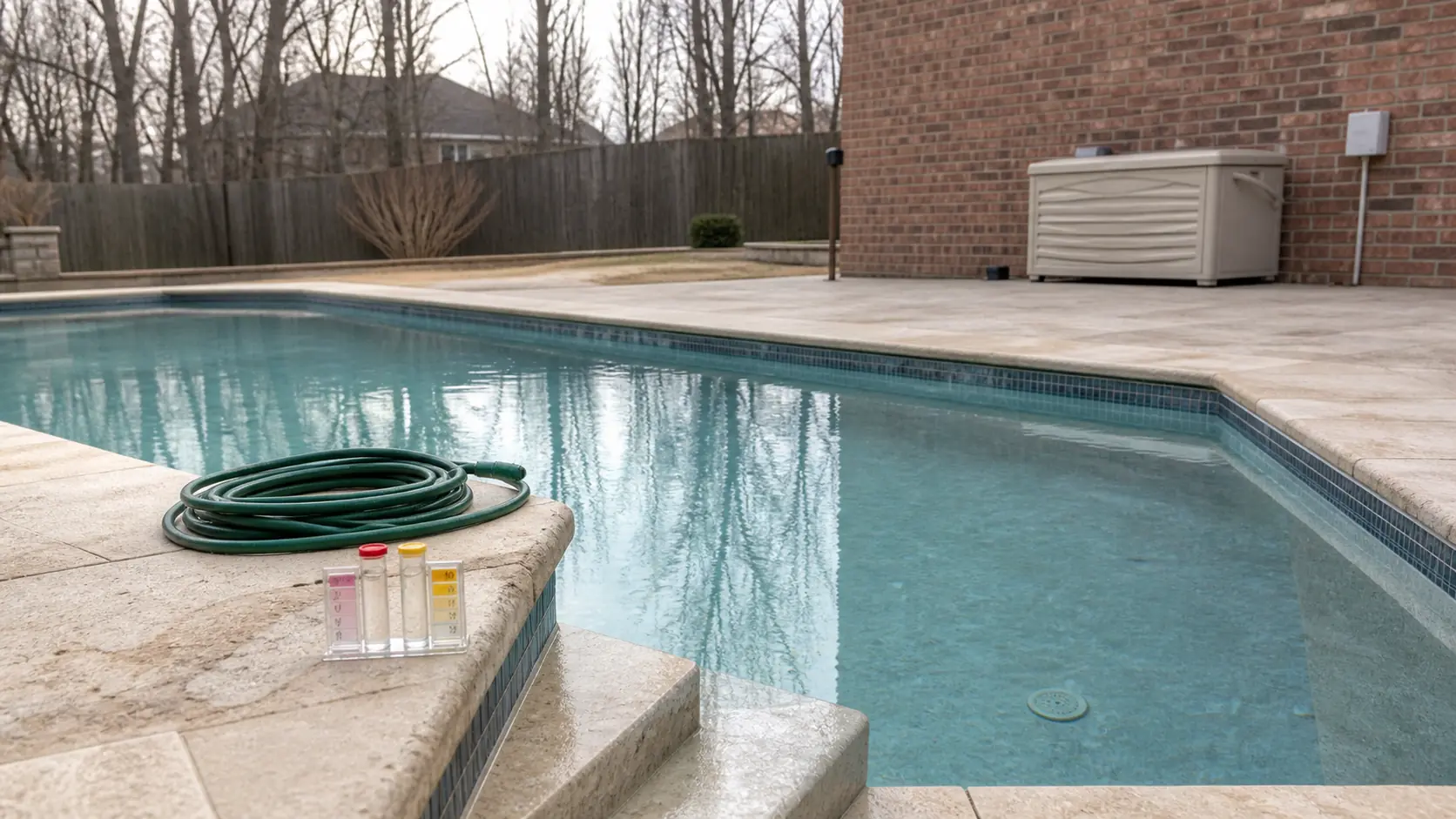 An empty stone pool deck at a newly bought North Texas home, with only a water test kit and a coiled hose beside the steps of a clear pool.