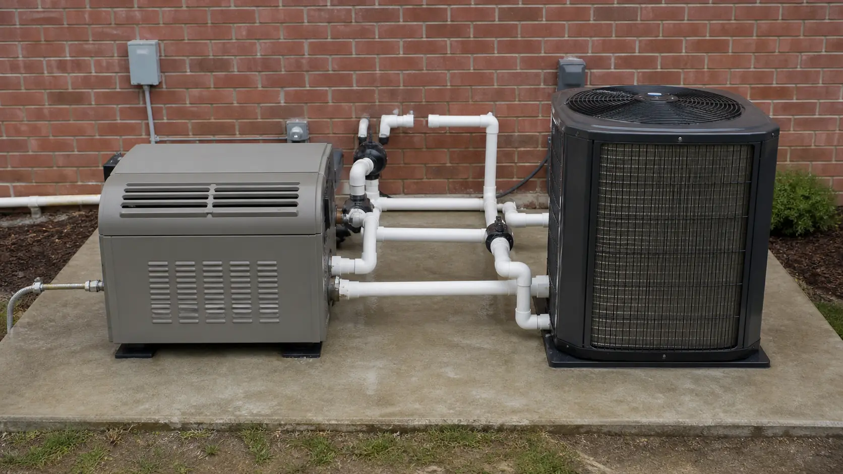 A natural gas pool heater and a pool heat pump installed side by side on one concrete equipment pad, linked by white PVC plumbing.