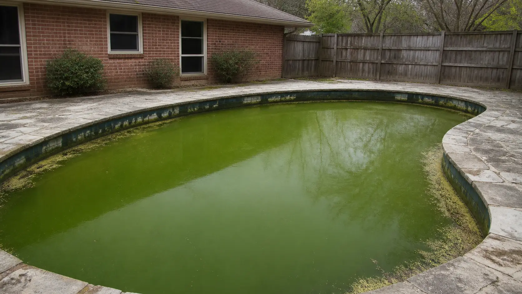 An opaque green backyard swimming pool with no visible bottom, algae streaking the waterline tile and leaves ringing the edges.