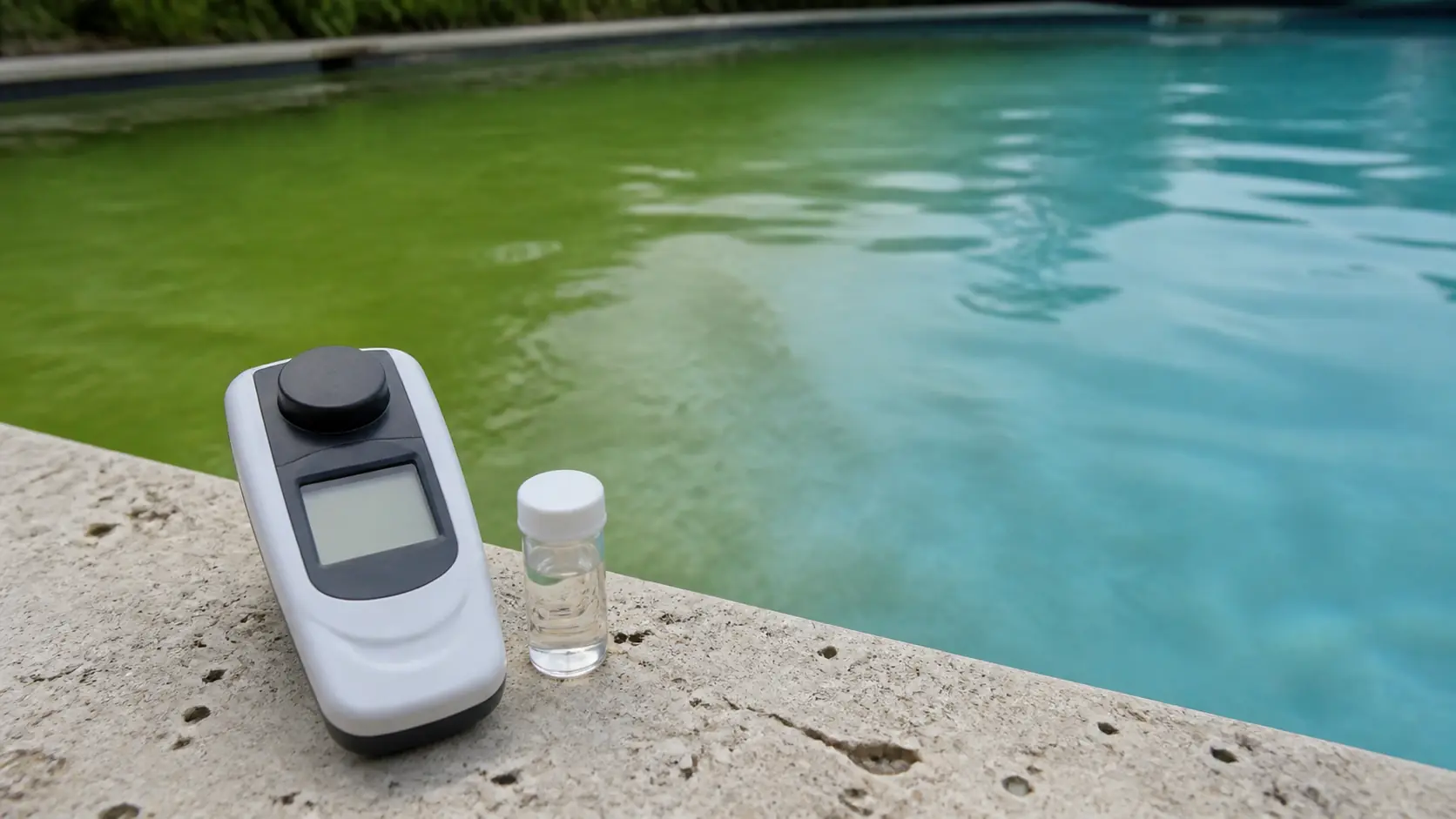 A handheld pool water photometer and a clear sample vial on stone coping, beside a pool that is still green at one end and clearing to blue at the other.