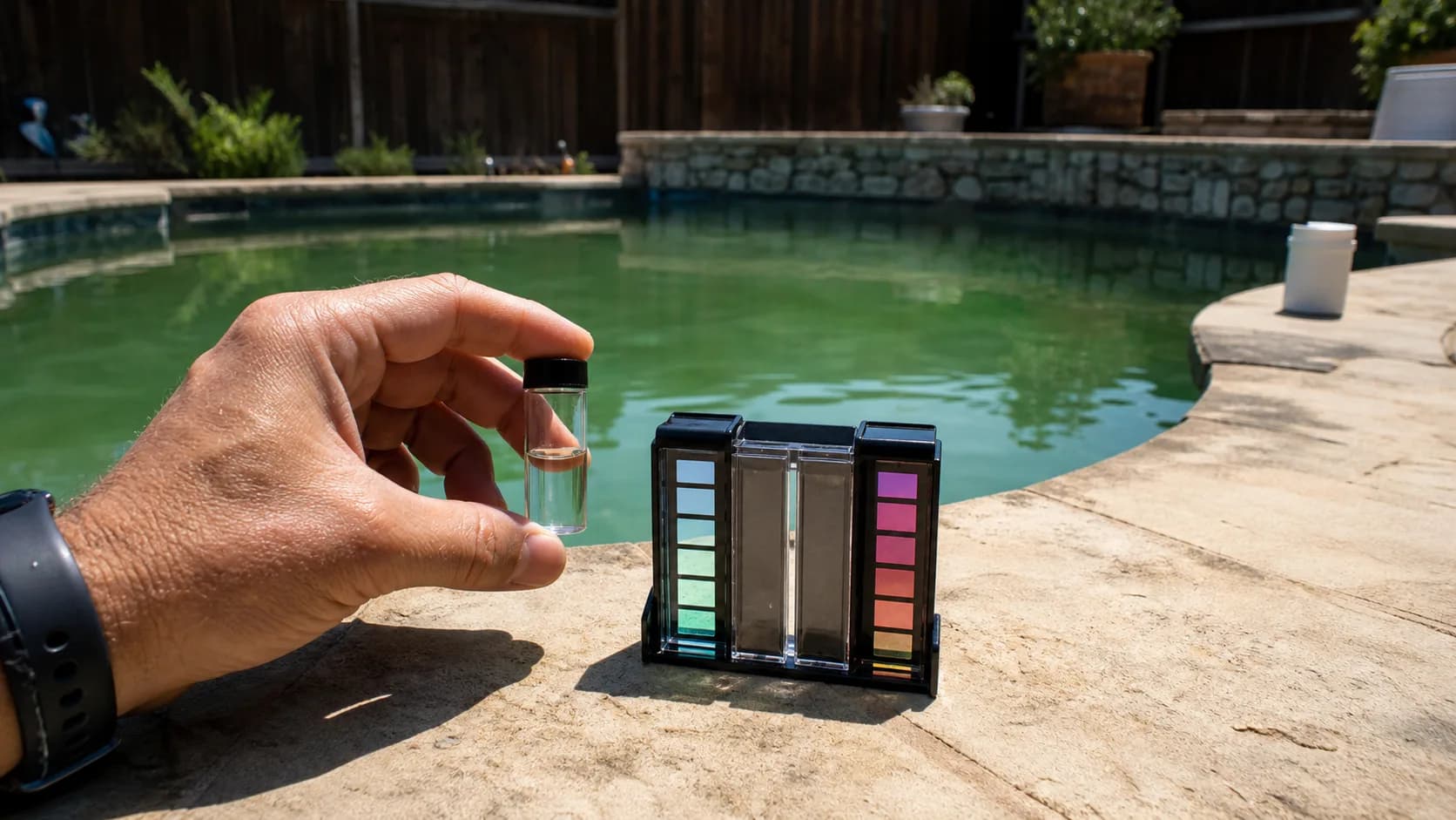 A technician compares a pool water sample with a color test kit while the pool behind it has a faint green algae cast.