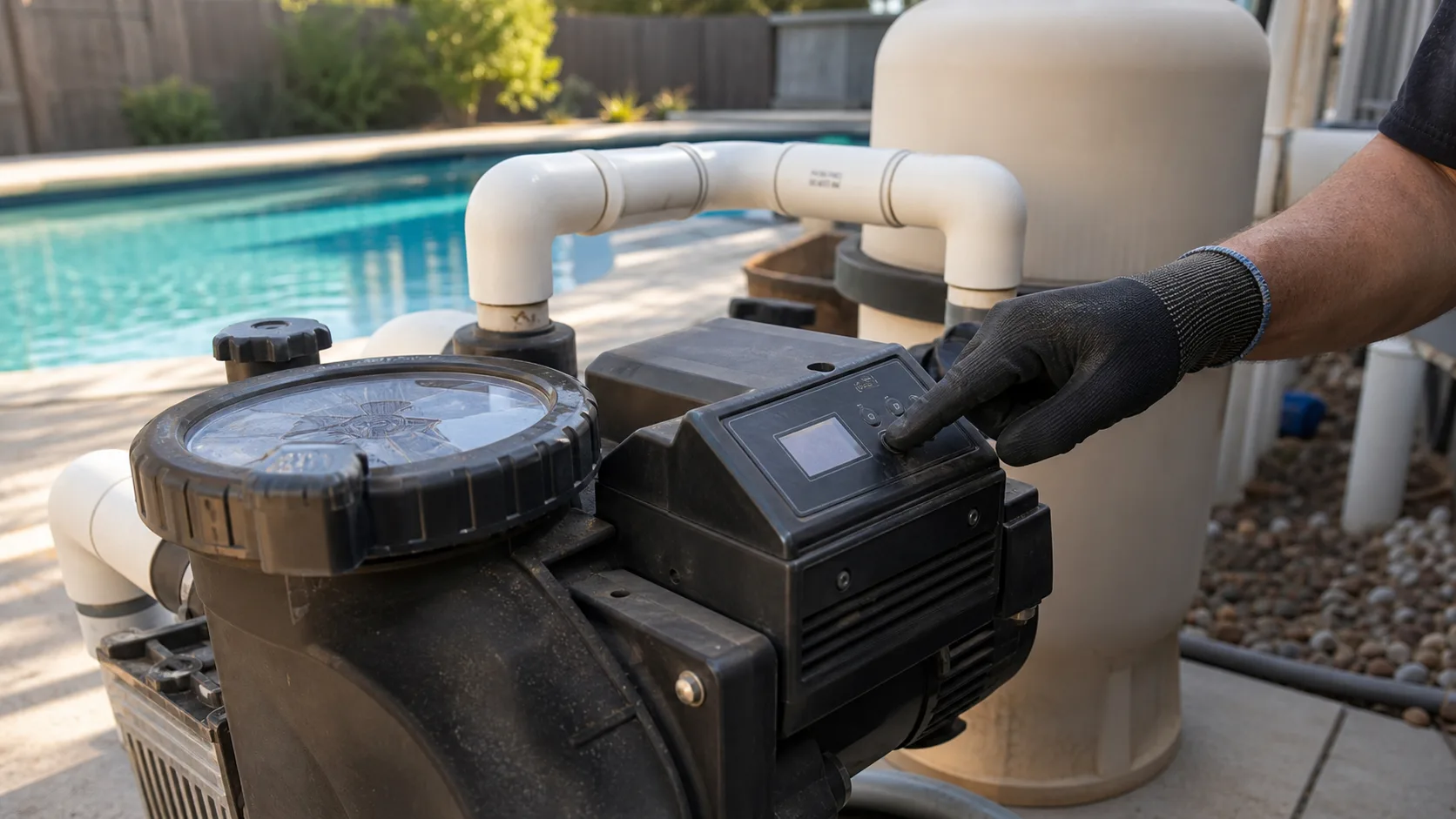 A pool technician programs the schedule controls on a variable-speed pump at a residential equipment pad.