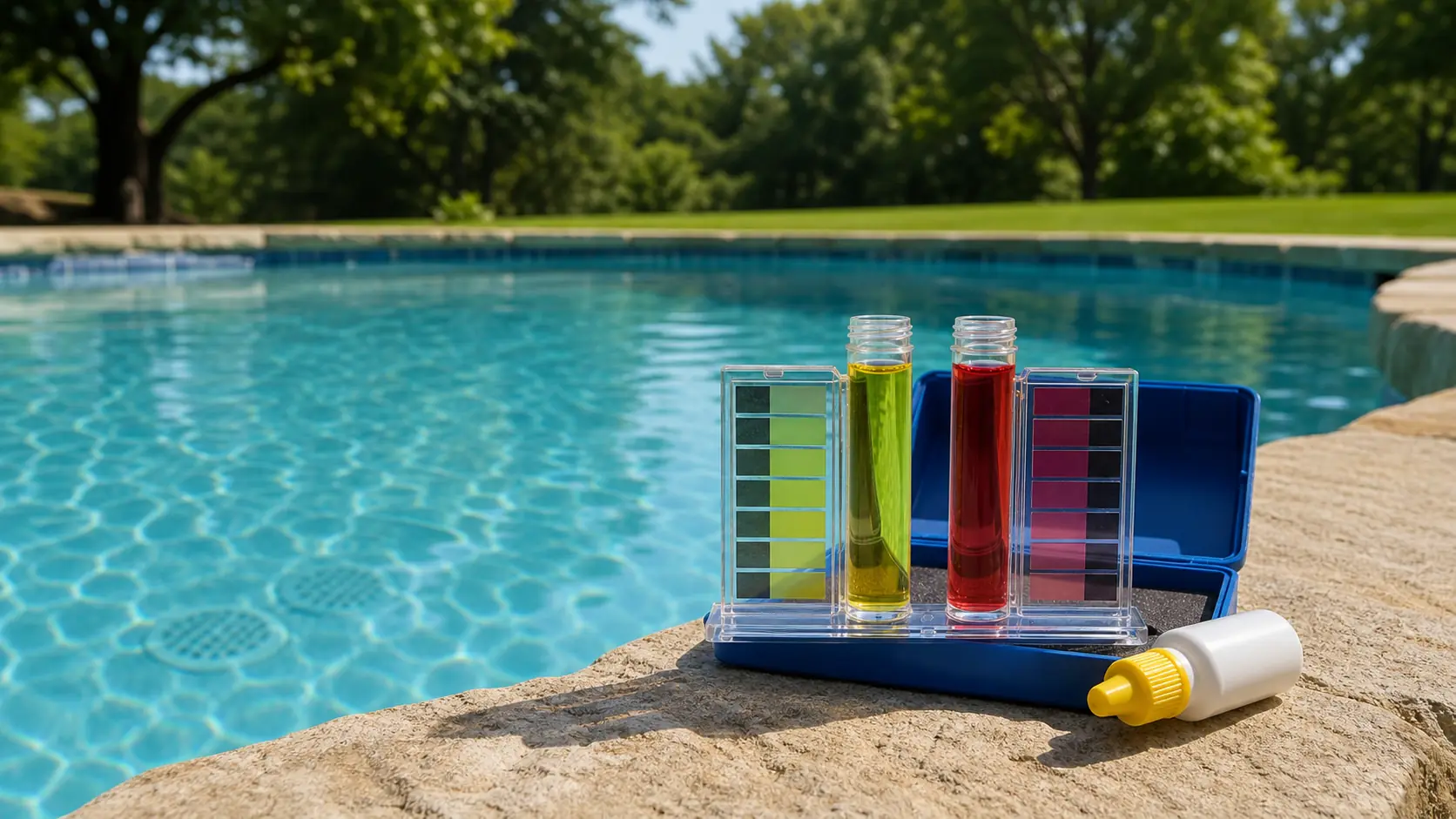 An open water test kit with filled yellow and red comparator vials sits on pool coping beside clear blue water in April sunlight.