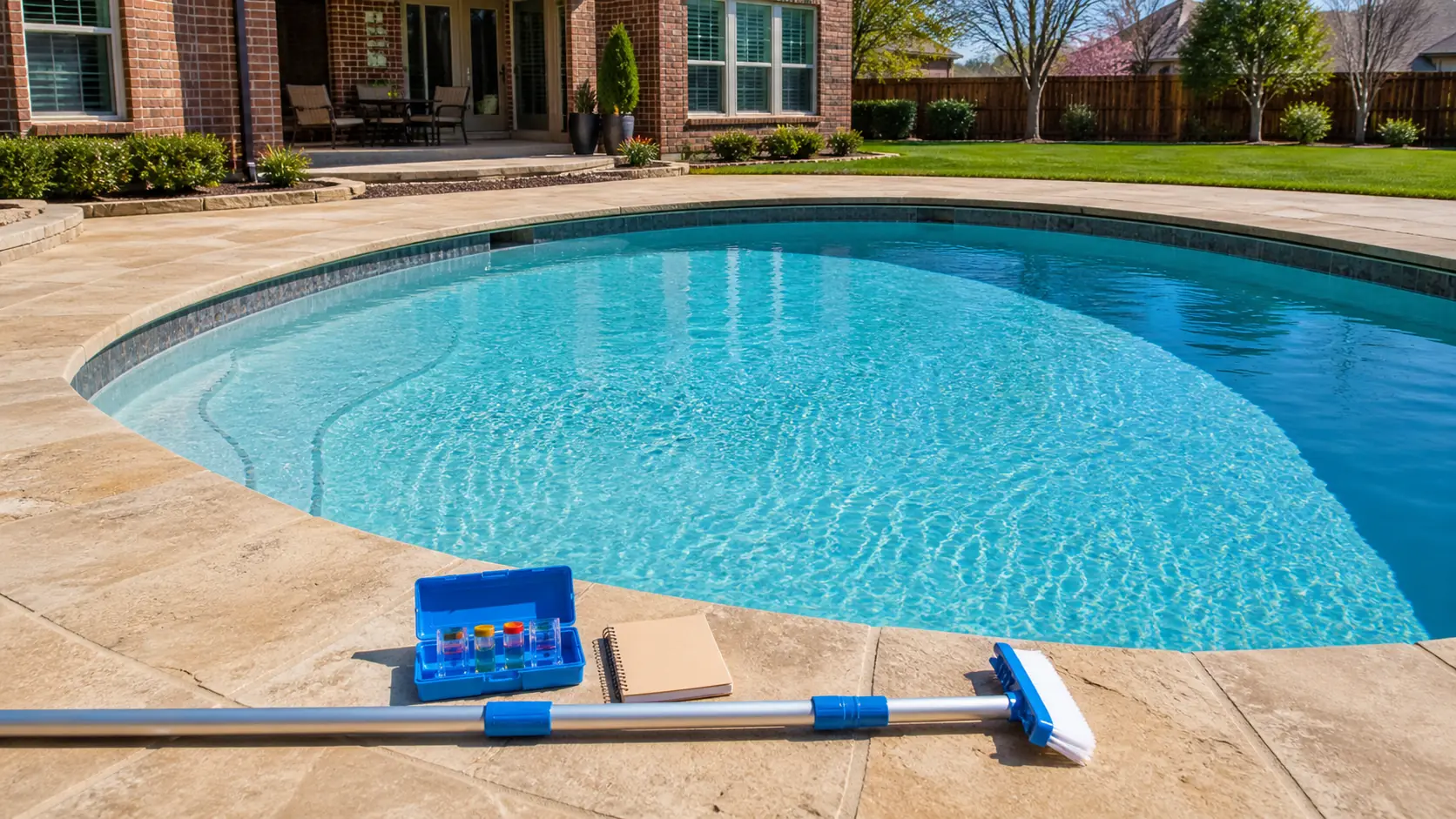 A telescopic pole with a brush head, an open water test kit, and a notebook rest on the coping of a clear, well-kept backyard pool in spring.