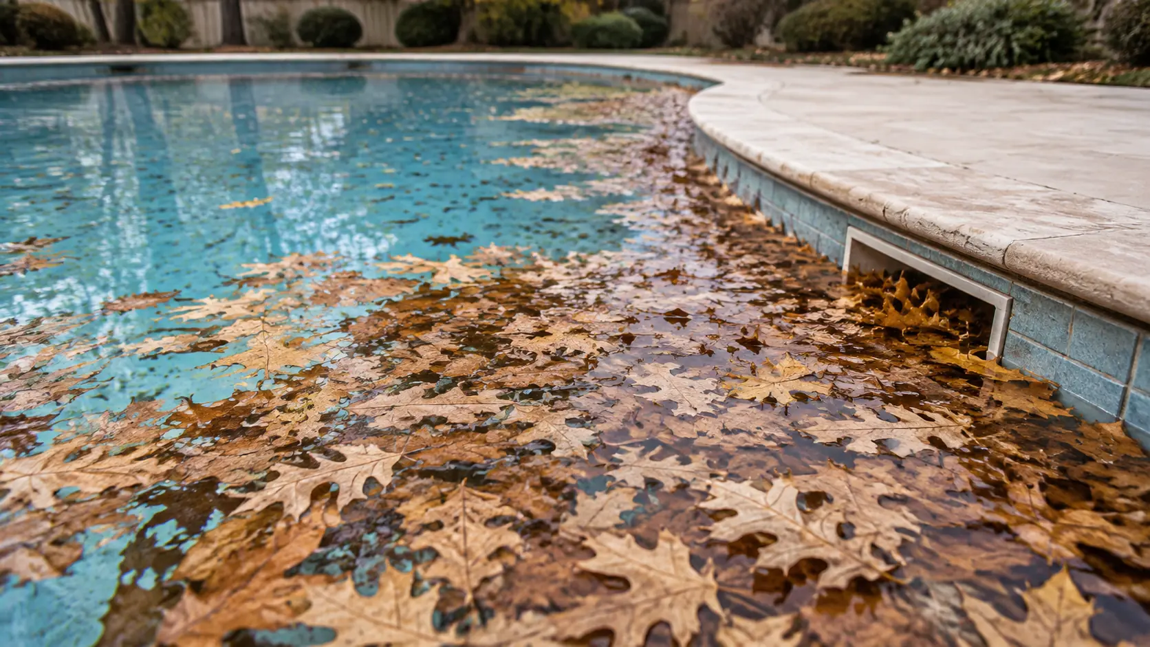 Fallen oak leaves floating across the surface of a backyard swimming pool with more collected against the skimmer opening on a bright autumn morning.