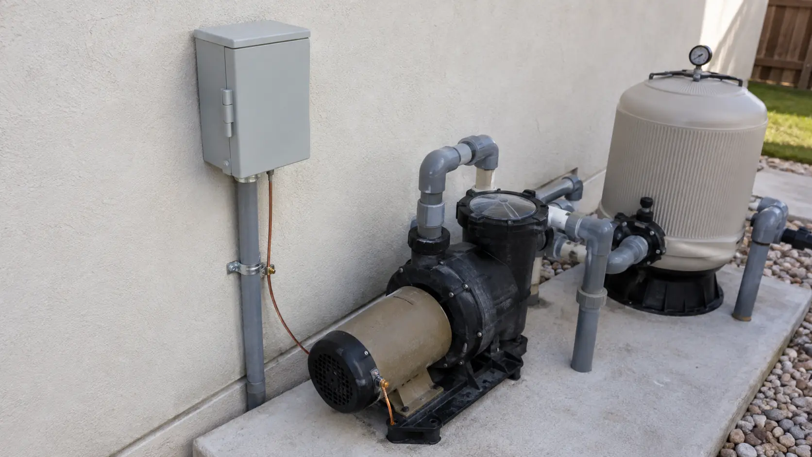 A pool equipment pad seen from above with conduit, a bonding wire and a disconnect box beside the pump and filter, on a clean concrete slab.