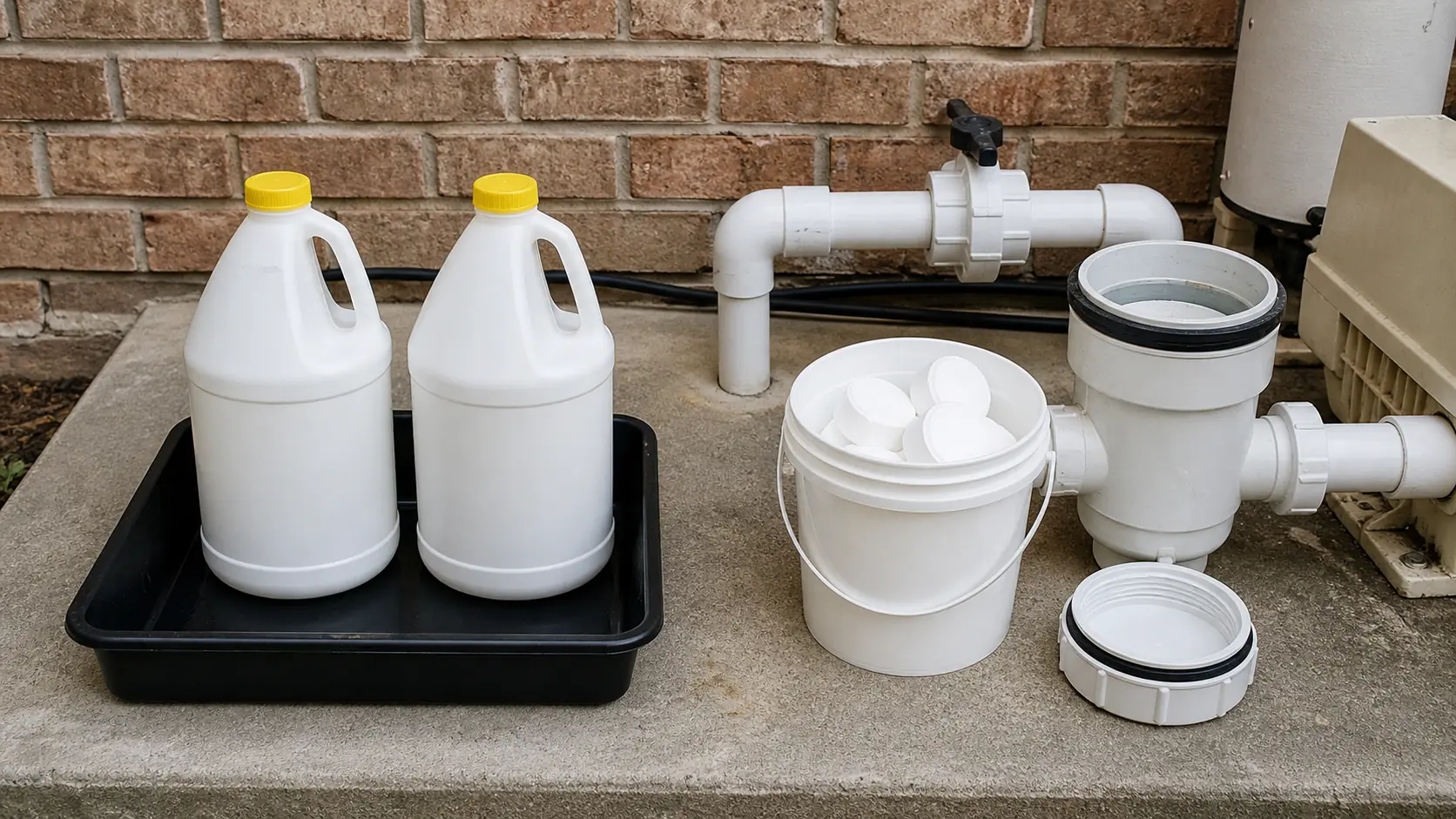 Two jugs of liquid chlorine in a containment tray beside an open bucket of chlorine tablets and an inline tablet feeder on a pool equipment pad.