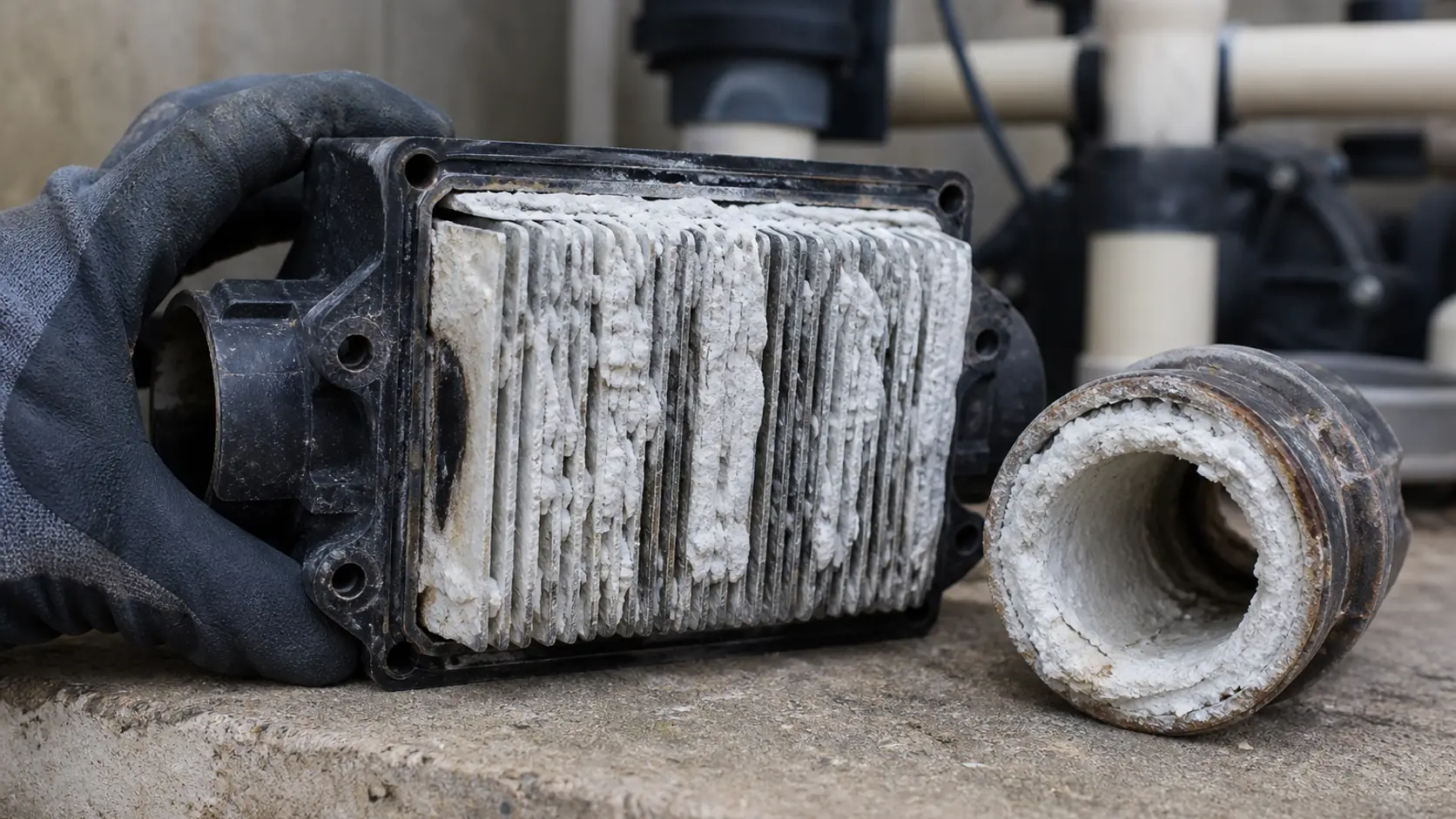 A gloved hand holds an opened salt cell crusted with white calcium beside a cut section of heater pipe lined with the same deposit.