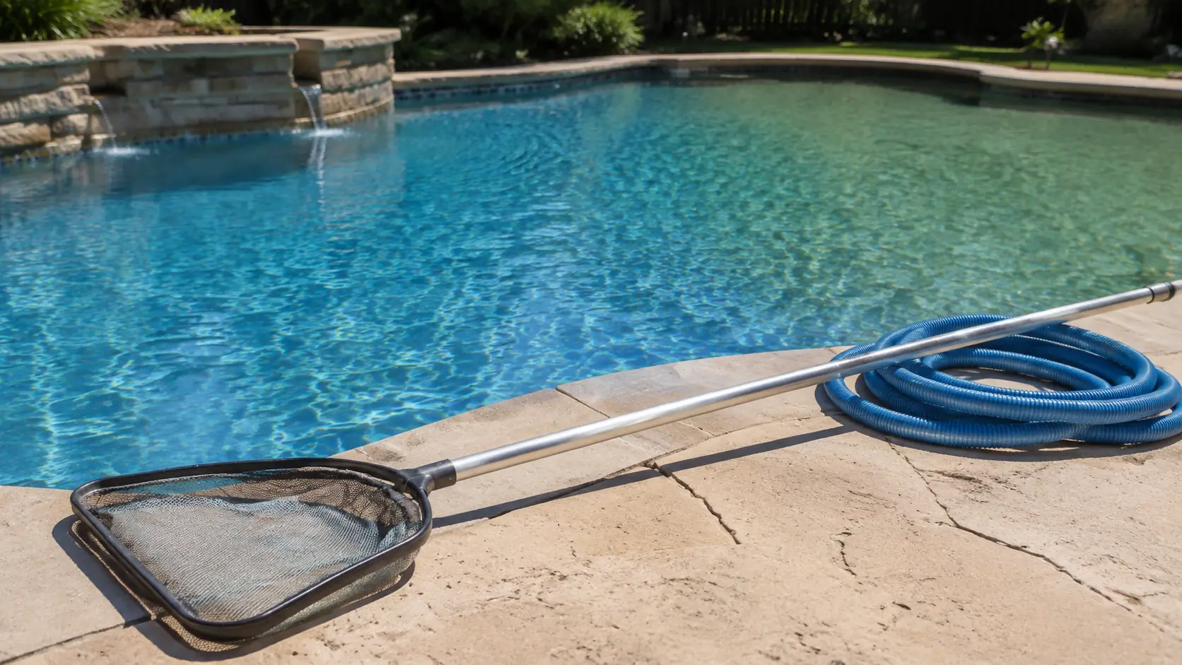 A pool leaf net on a long aluminum pole and a coiled blue vacuum hose lying on the stone deck beside a clear swimming pool with a raised stone water feature.