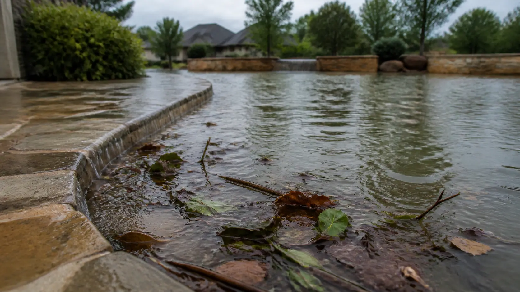 A backyard pool brimming over its stone coping after a storm, water sheeting onto the wet deck with soaked leaves and twigs floating on the murky surface.