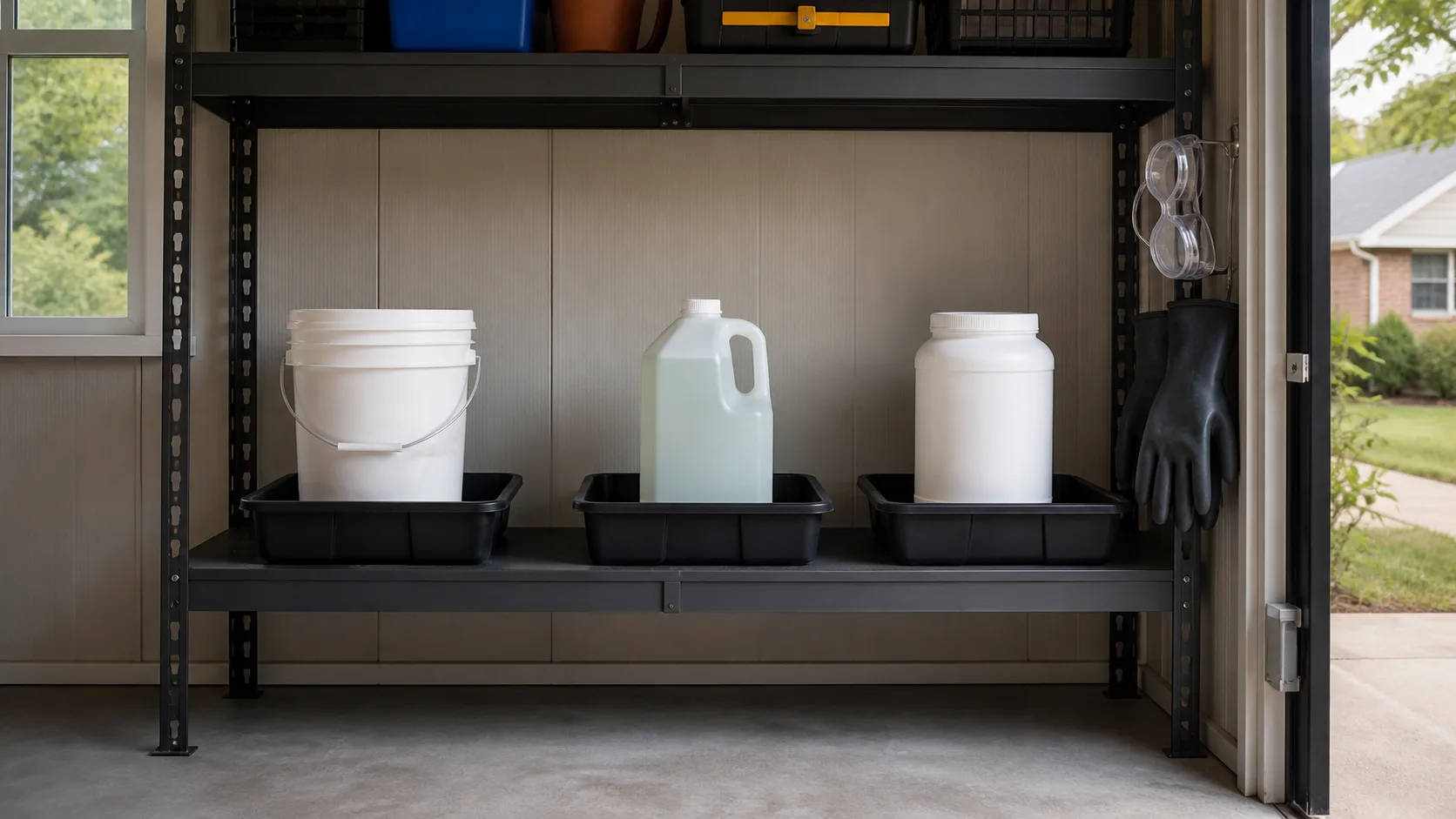 Three sealed pool chemical containers stored separately in containment trays on a ventilated shed shelf.