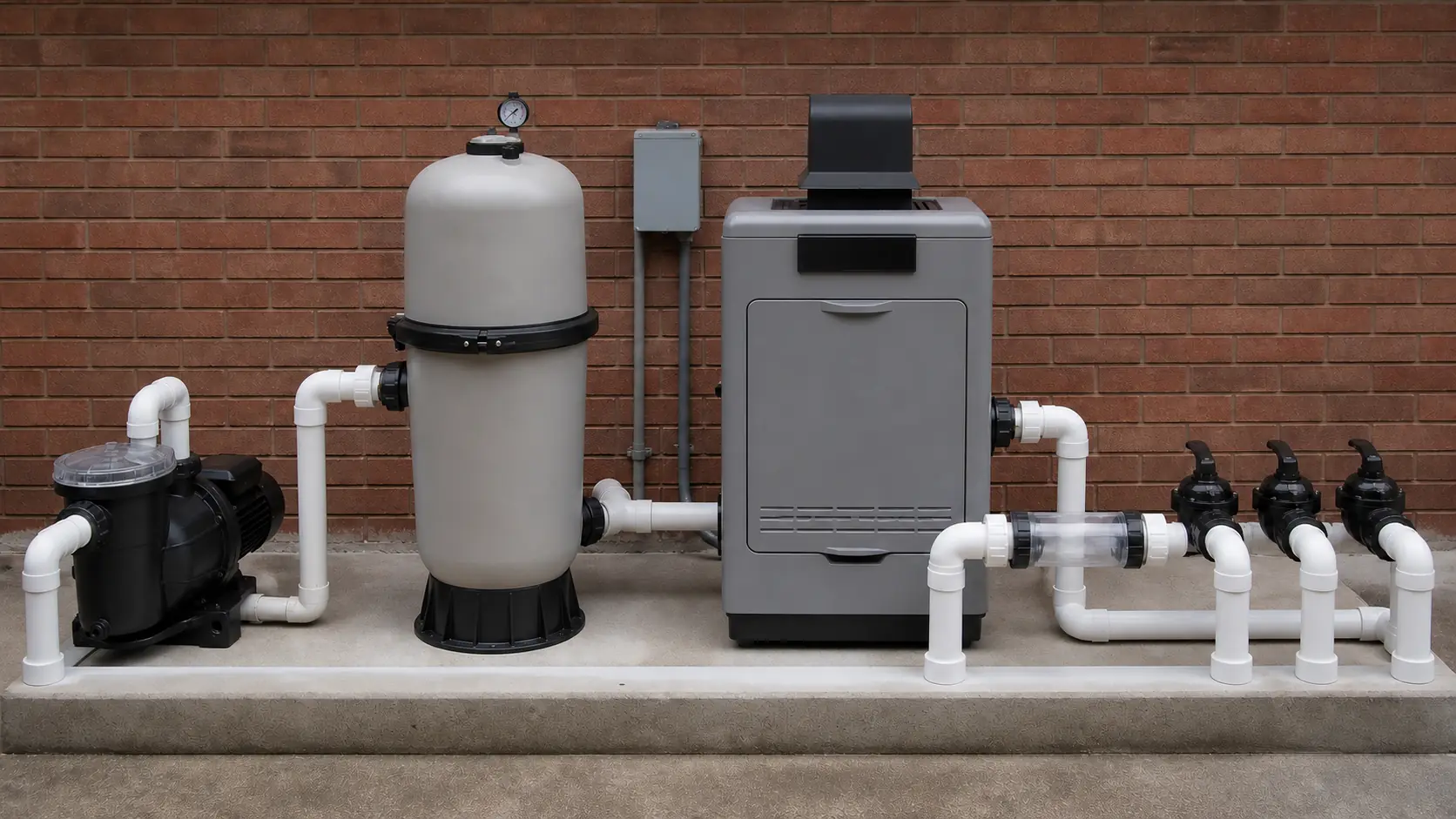 A complete residential pool equipment pad photographed straight on: pump, cartridge filter with pressure gauge, timer box, gas heater, salt cell, and three valves on white PVC.