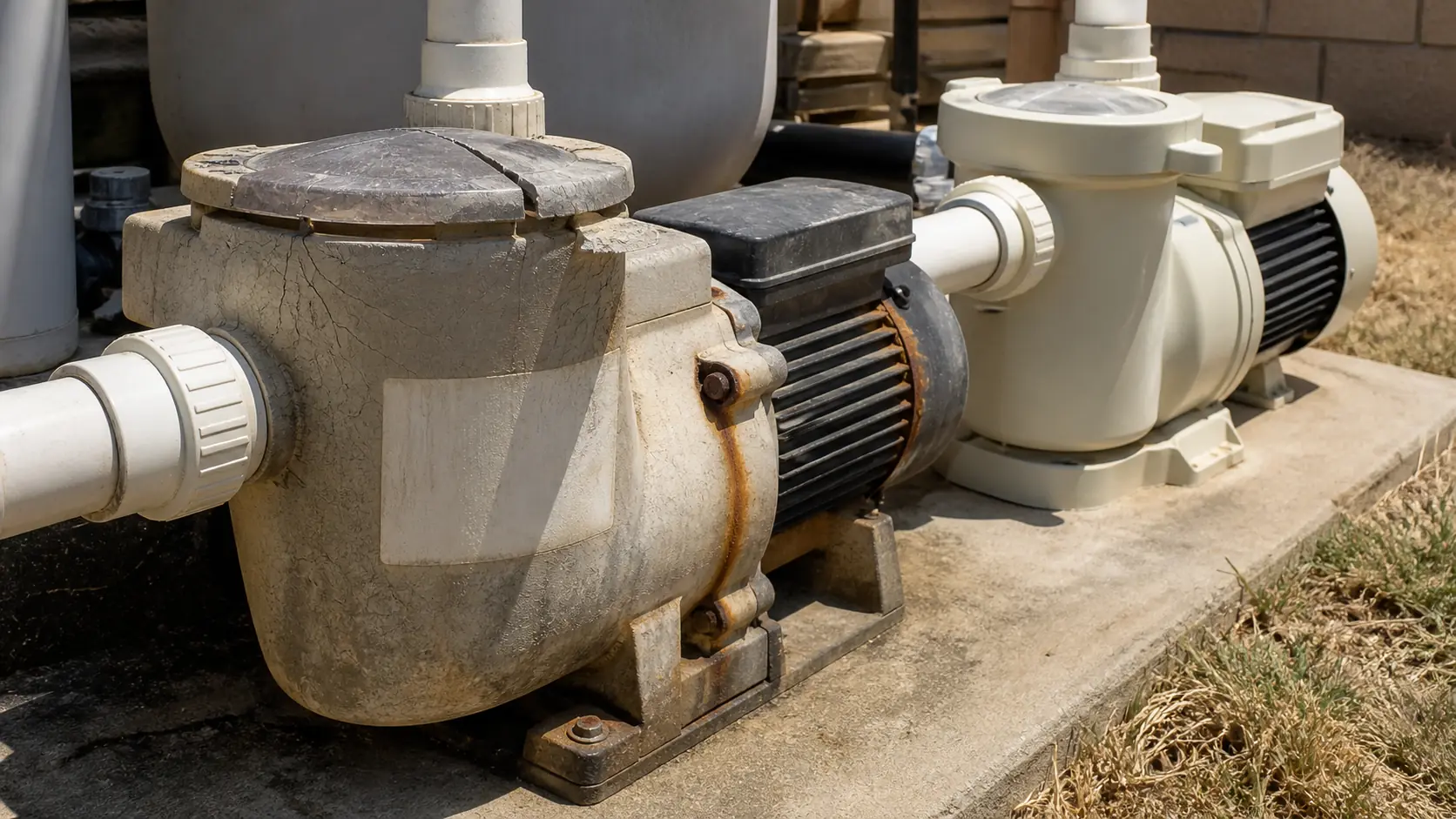 A chalky, UV-cracked old pool pump with a split lid and rust-stained bolts stands beside a newer clean pump on a sunlit concrete pad.