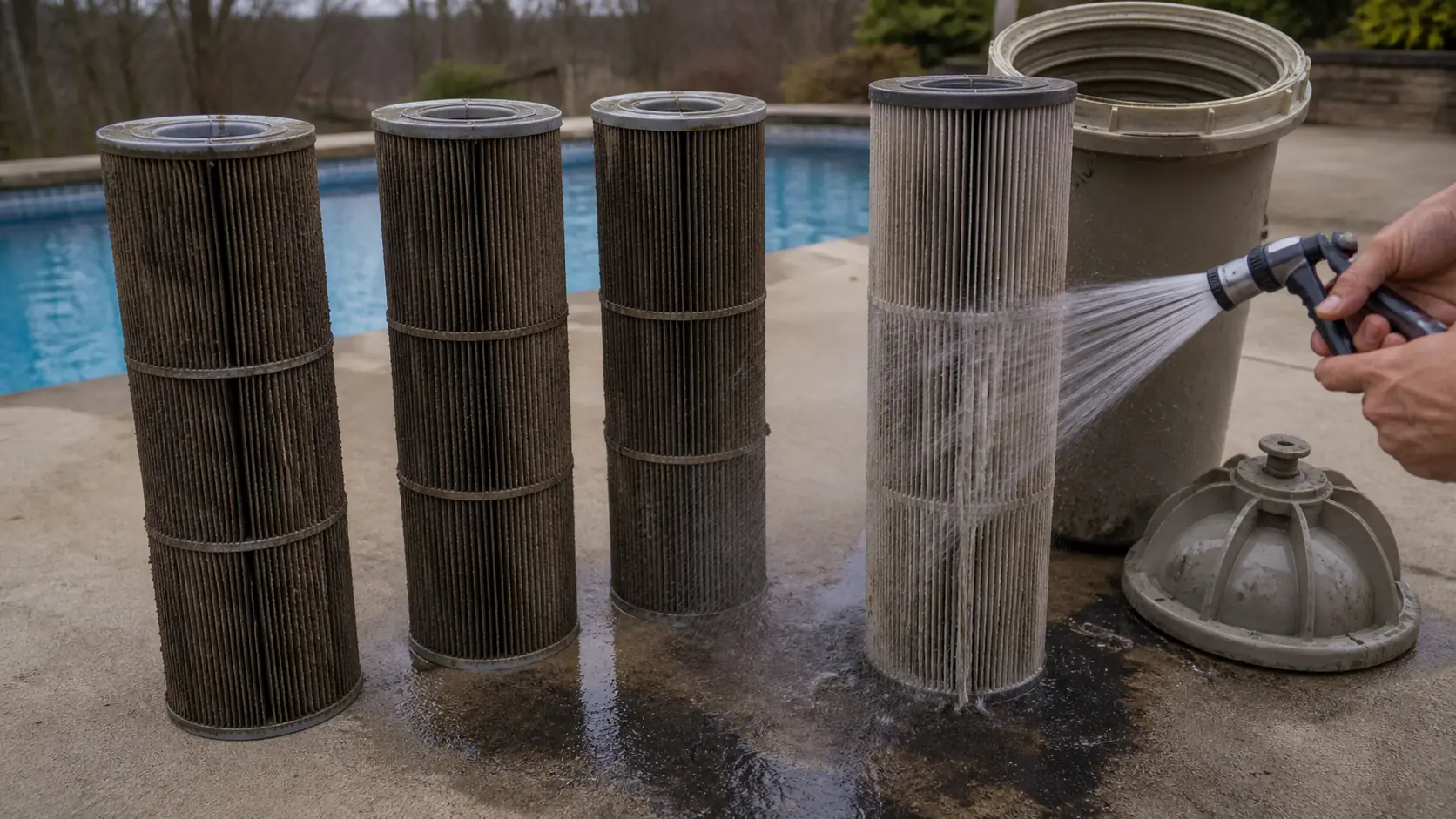 Four pleated pool filter cartridges stand on a pool deck, three heavily loaded with dirt while one is sprayed clean with a hose.