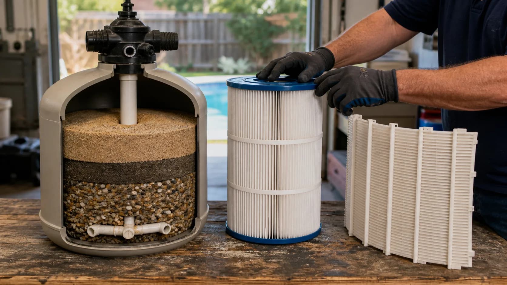 Sand filter media, a pleated cartridge, and curved DE filter grids arranged side by side on a service workbench.