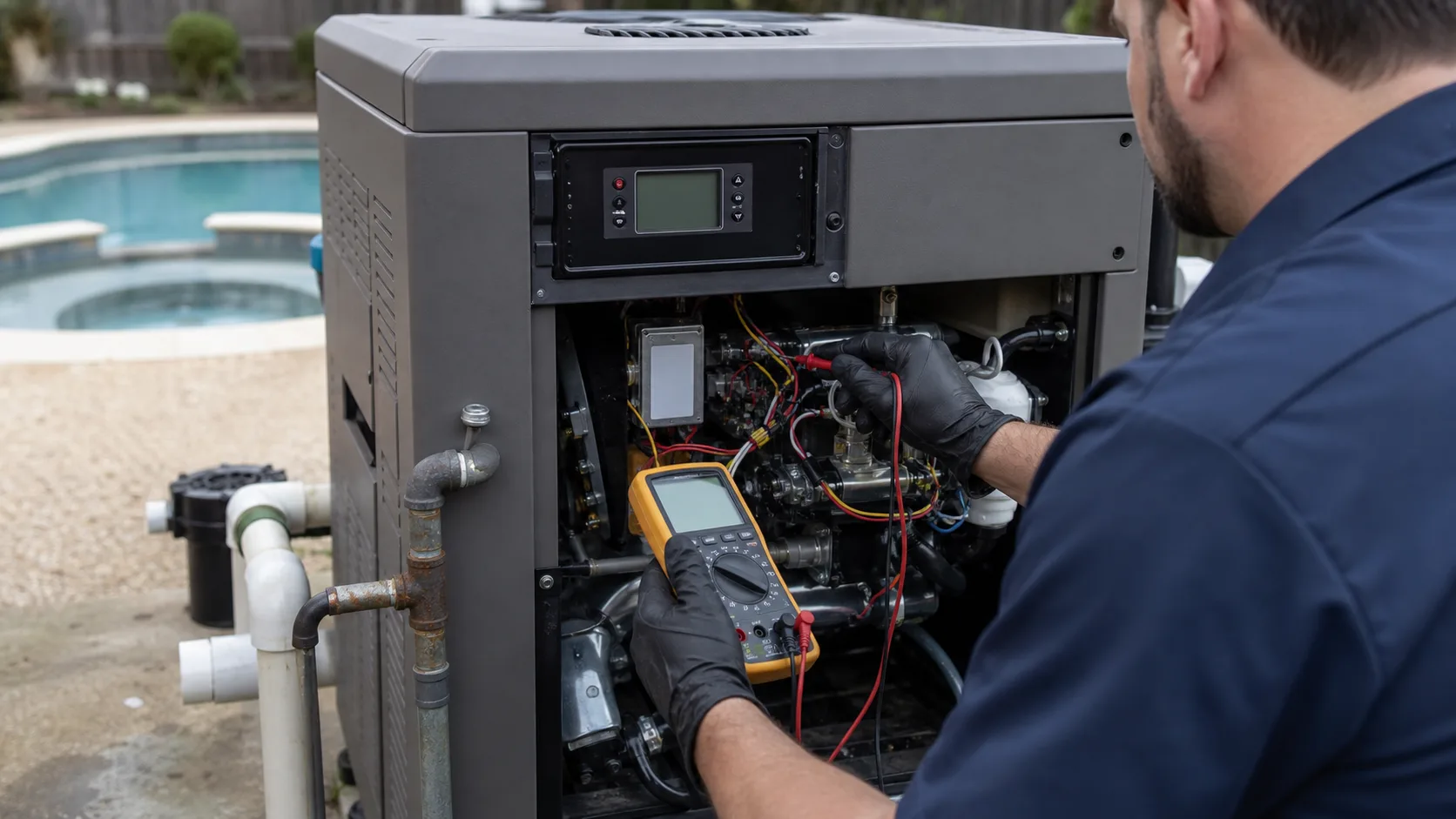 A qualified technician uses a multimeter to diagnose an open gas pool heater beside a backyard pool and spa.