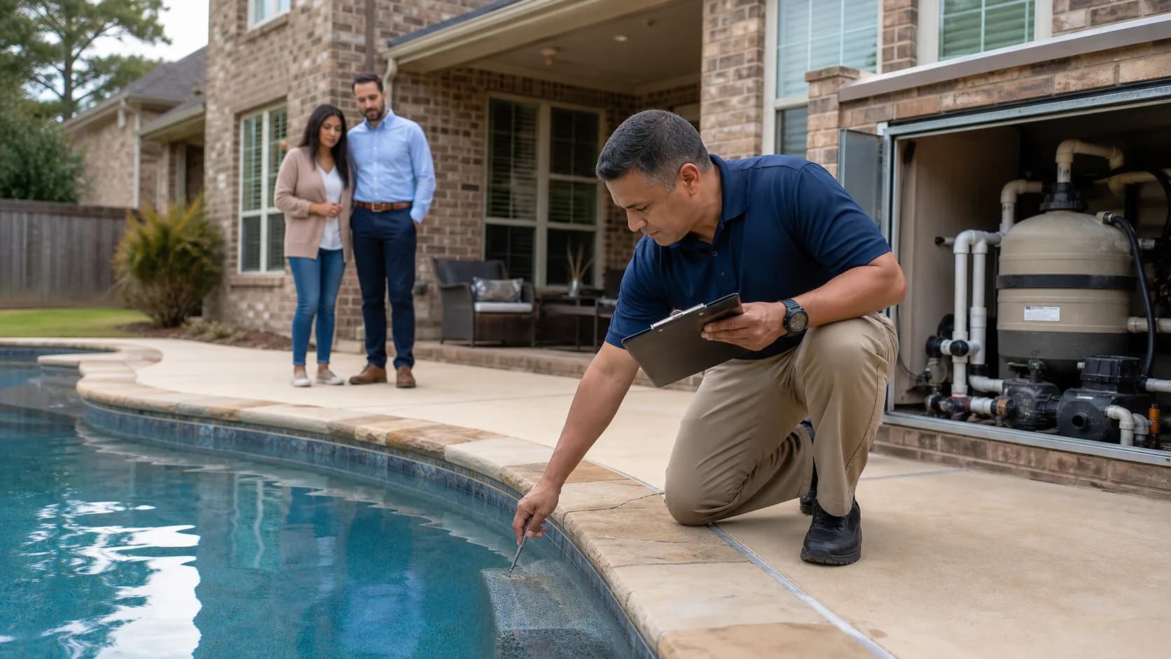 A pool inspector examines a hairline crack at the waterline while prospective home buyers watch beside a brick Plano home.