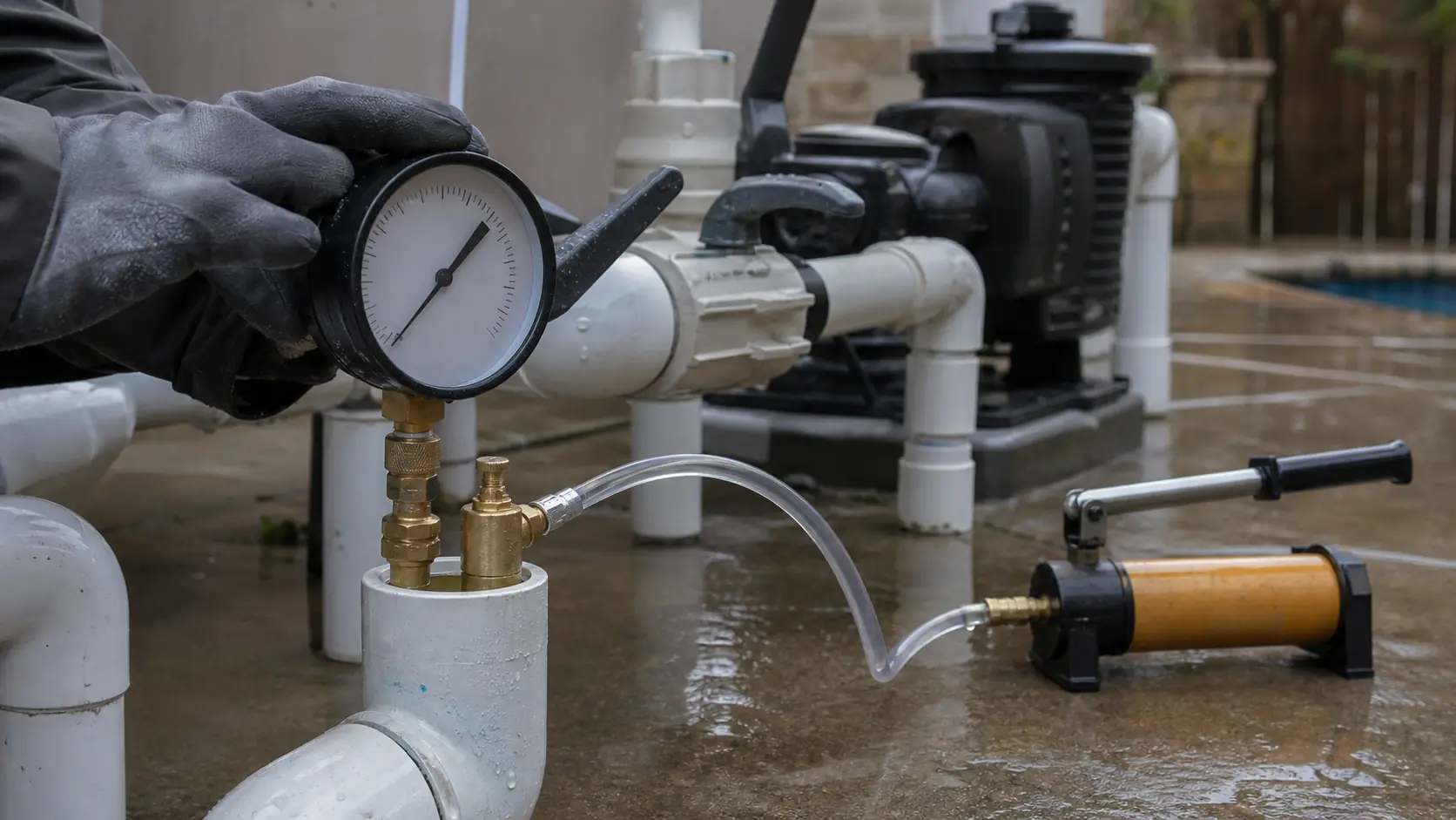 A brass test plug and pressure gauge threaded into an open pool return line at an equipment pad during a leak pressure test.