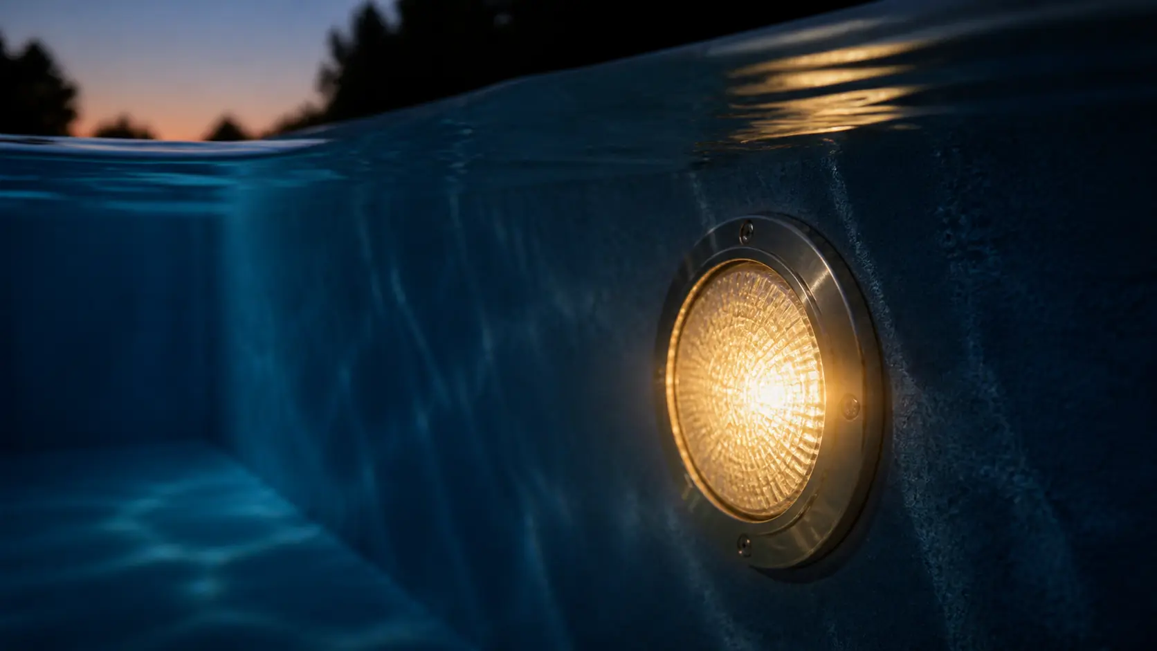 A round underwater pool light glowing warm in the wall of a swimming pool at dusk, its stainless trim ring visible against dark blue plaster.
