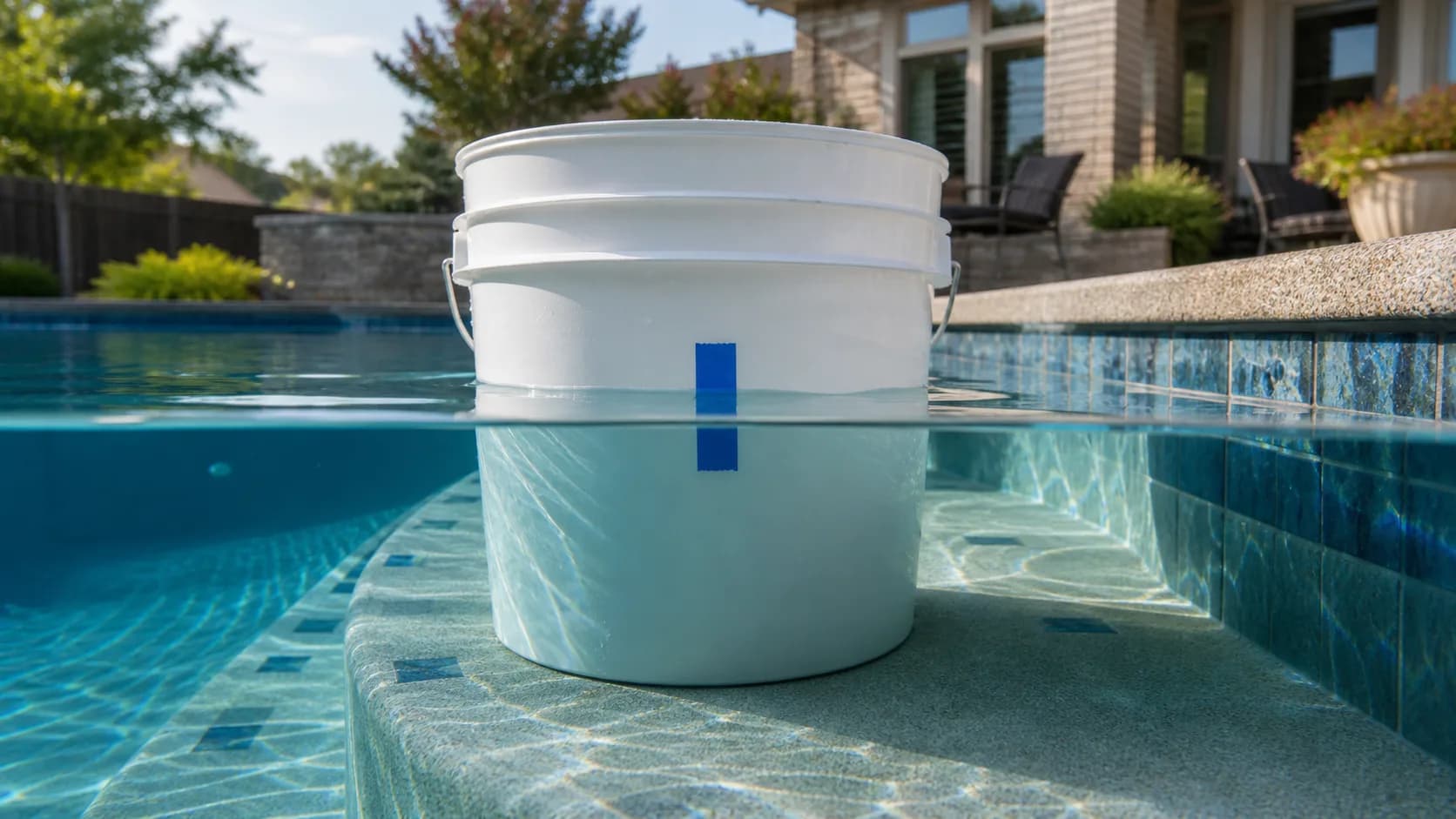 A white bucket partially submerged on a pool step with blue tape marking the waterline for an evaporation test.