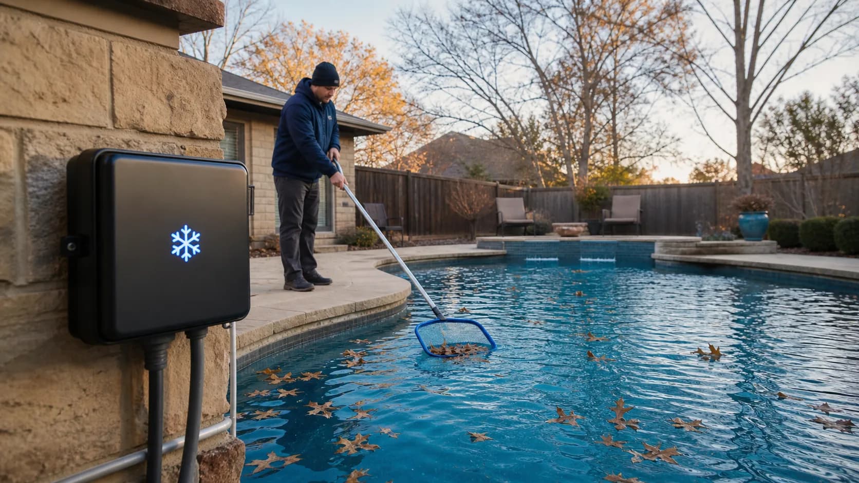 A technician skims autumn leaves from an uncovered circulating pool beside a freeze-protection controller.