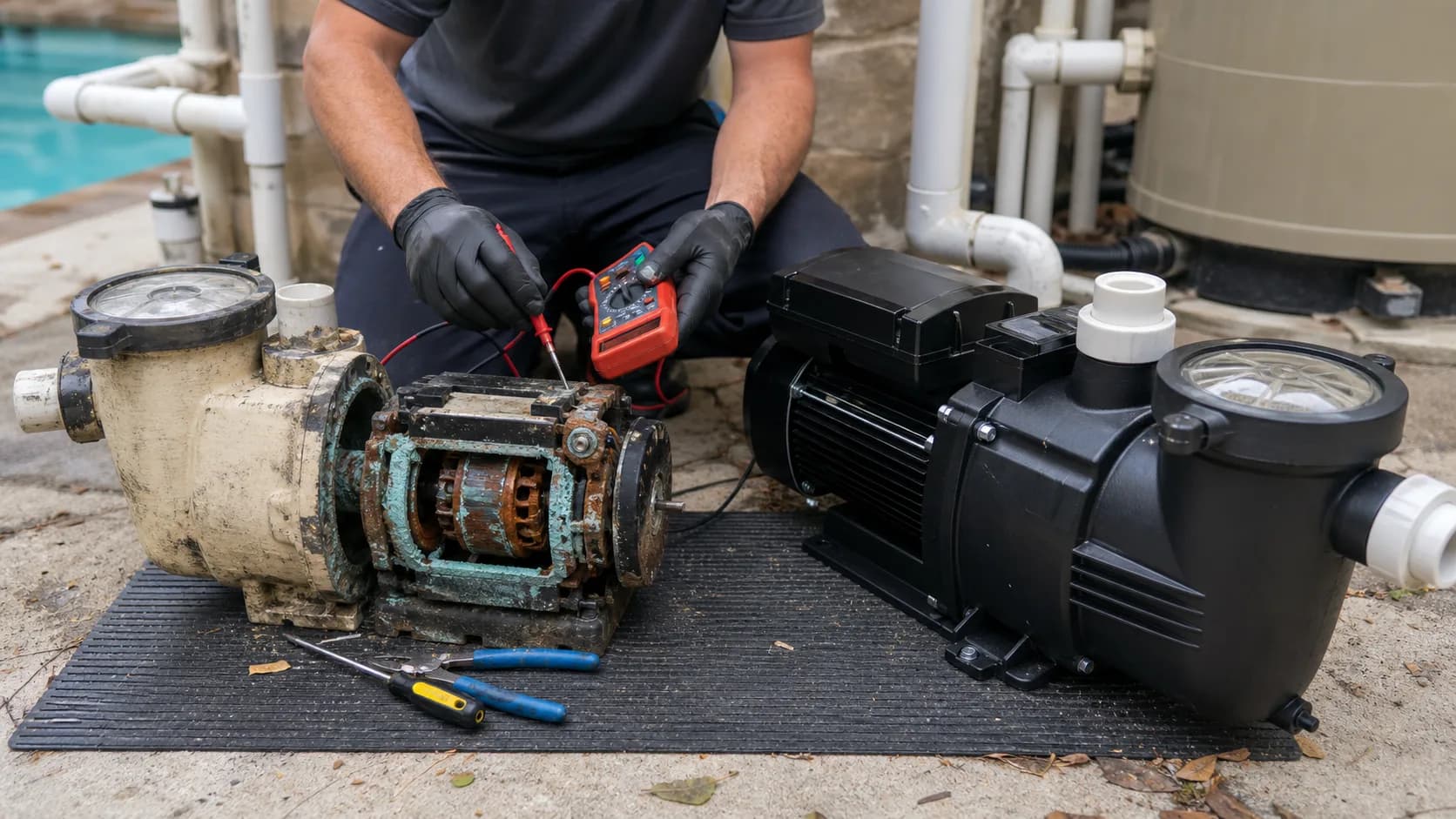 A technician tests a heavily corroded old pool pump beside a clean modern variable-speed replacement.
