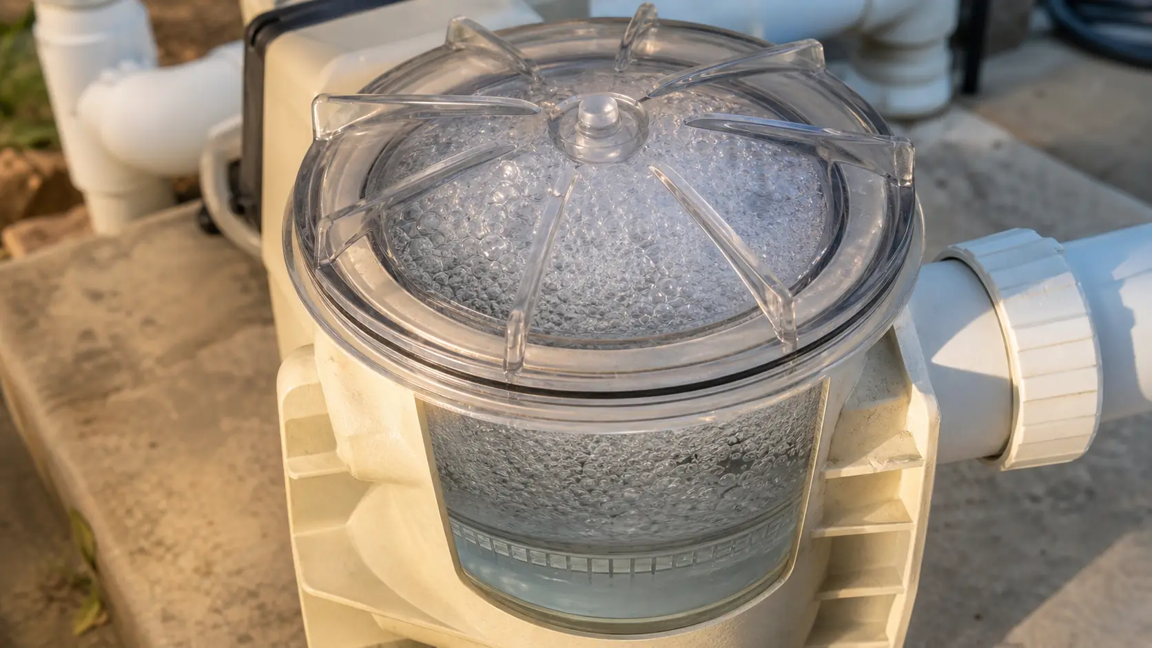 A pool pump running dry, its clear lid showing a basket only a third full of water with churning white air bubbles filling the rest.