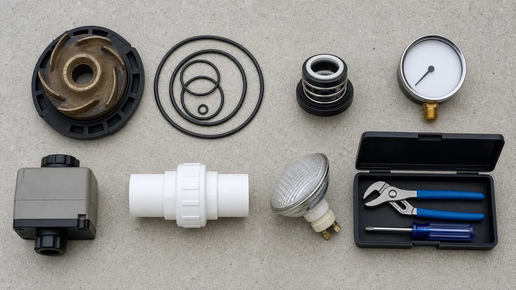 An overhead flat lay of pool repair parts on a concrete deck: a pump impeller, o-rings, a shaft seal, a pressure gauge, a valve actuator, PVC with a union, and a light assembly.