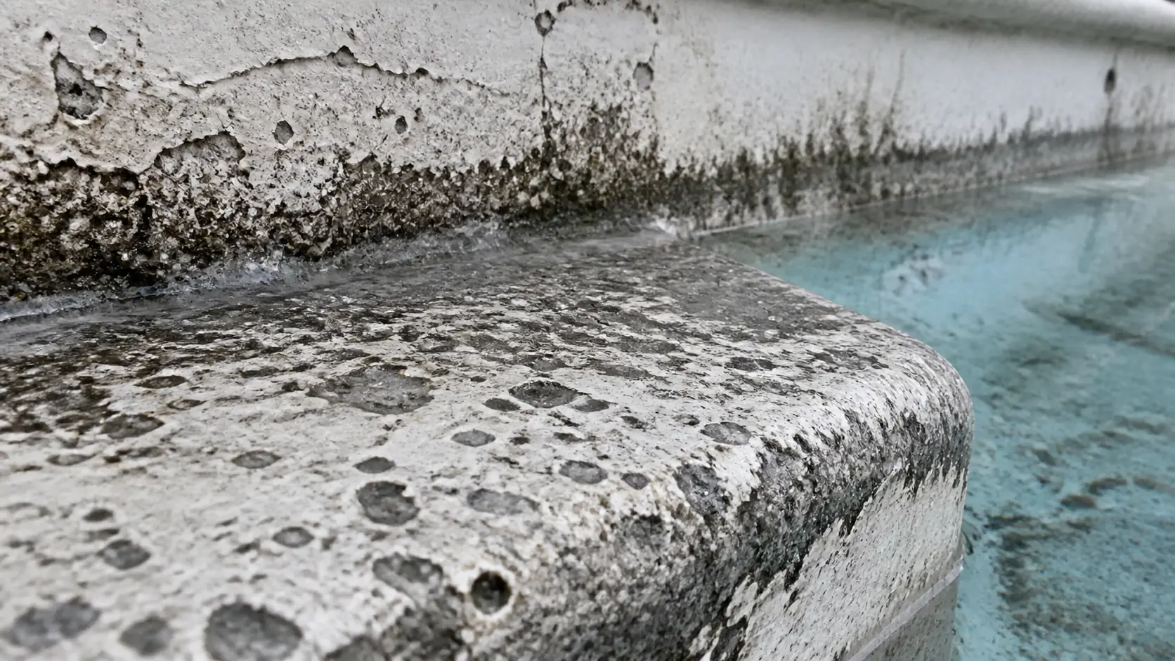 A close-up of worn swimming pool plaster on a step and waterline, pitted and etched with exposed grey aggregate and dark staining against turquoise water.