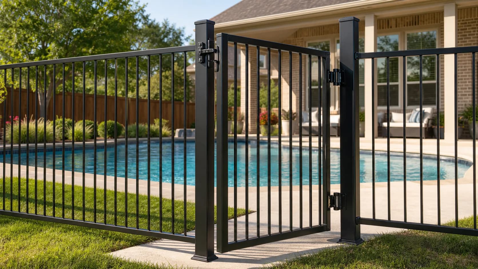 A black metal isolation fence and self-latching gate separate a backyard swimming pool from the house.
