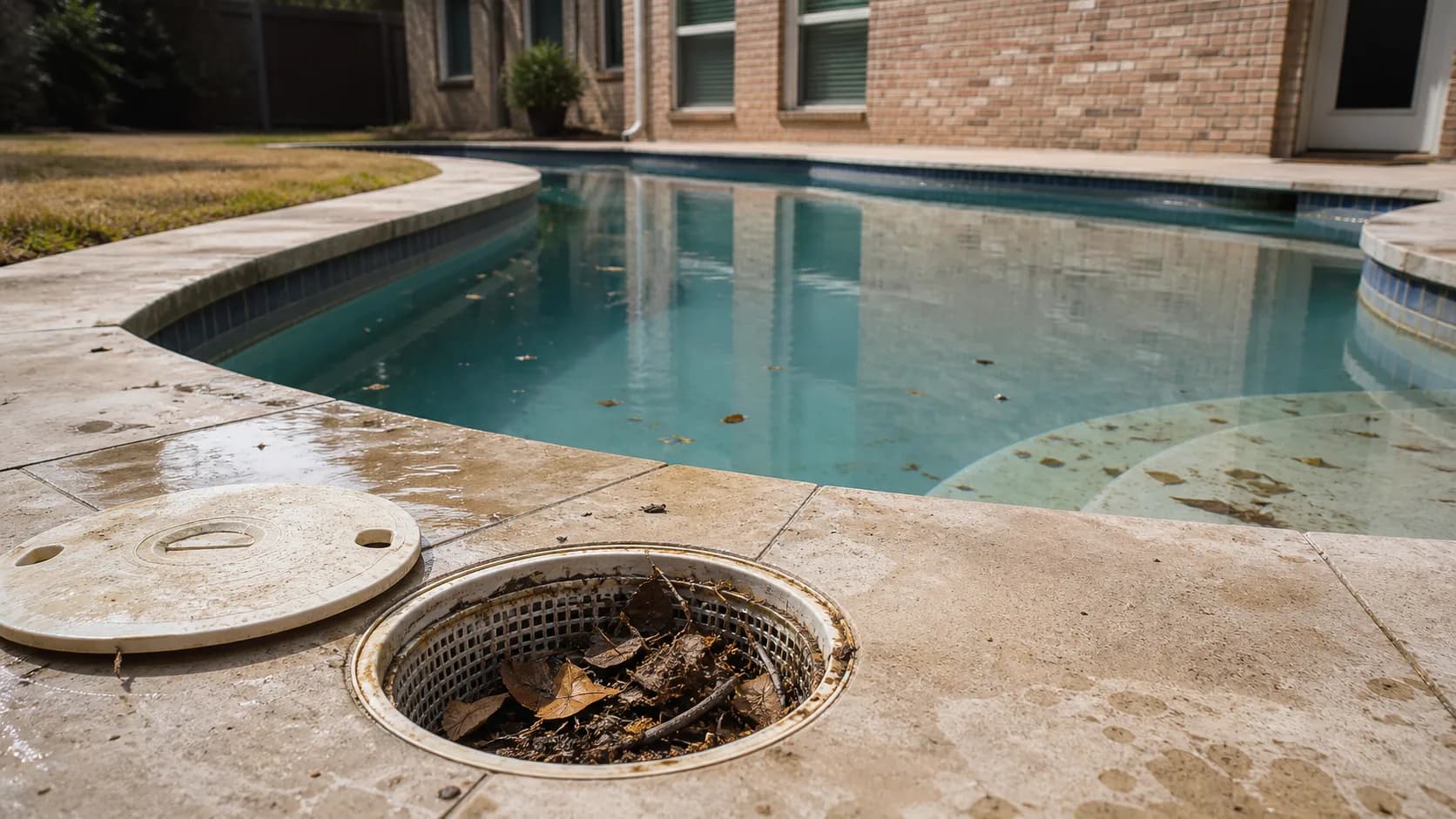 A skimmer basket packed with matted leaves beside its lifted lid on the stone deck of a North Texas backyard pool.