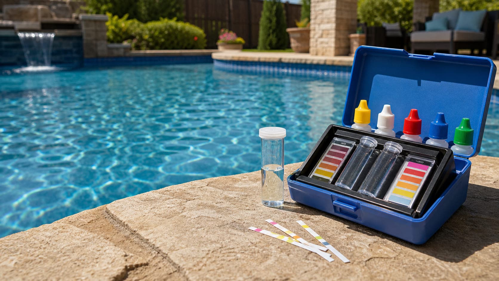 A pool water test kit and sample vial on the coping beside clear blue pool water.