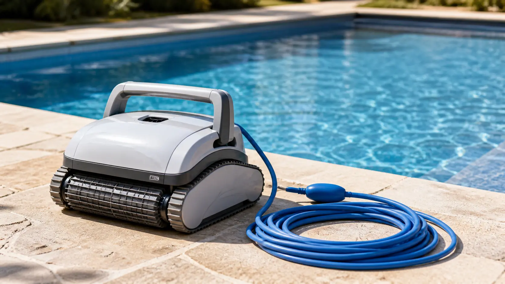 A robotic pool cleaner with a brush roller and tracks sitting on sunlit stone pool decking, its blue floating cable coiled beside it.