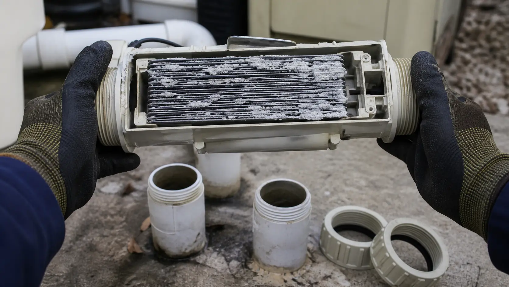 A salt chlorine generator cell held in gloved hands above an equipment pad, its titanium plates patchily coated with white calcium scale.
