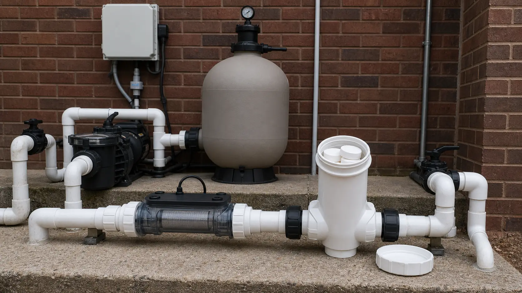 A pool equipment pad plumbed with both a salt chlorine generator cell and an inline chlorine tablet feeder side by side on white PVC.