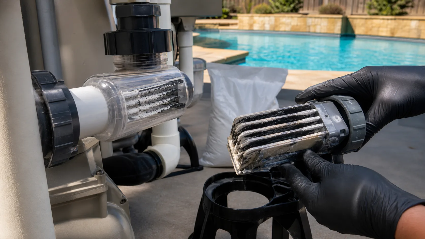 A technician inspects white calcium buildup on the electrode plates of a salt-chlorine generator cell.