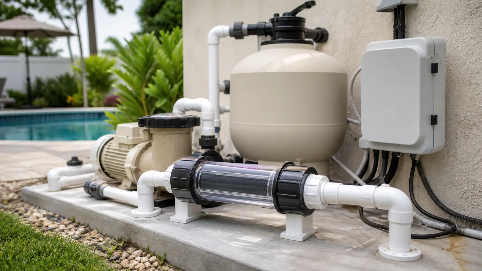 A salt chlorine generator cell plumbed into the white PVC return line of a residential pool equipment pad, with its wall-mounted control box beside the filter and pump.