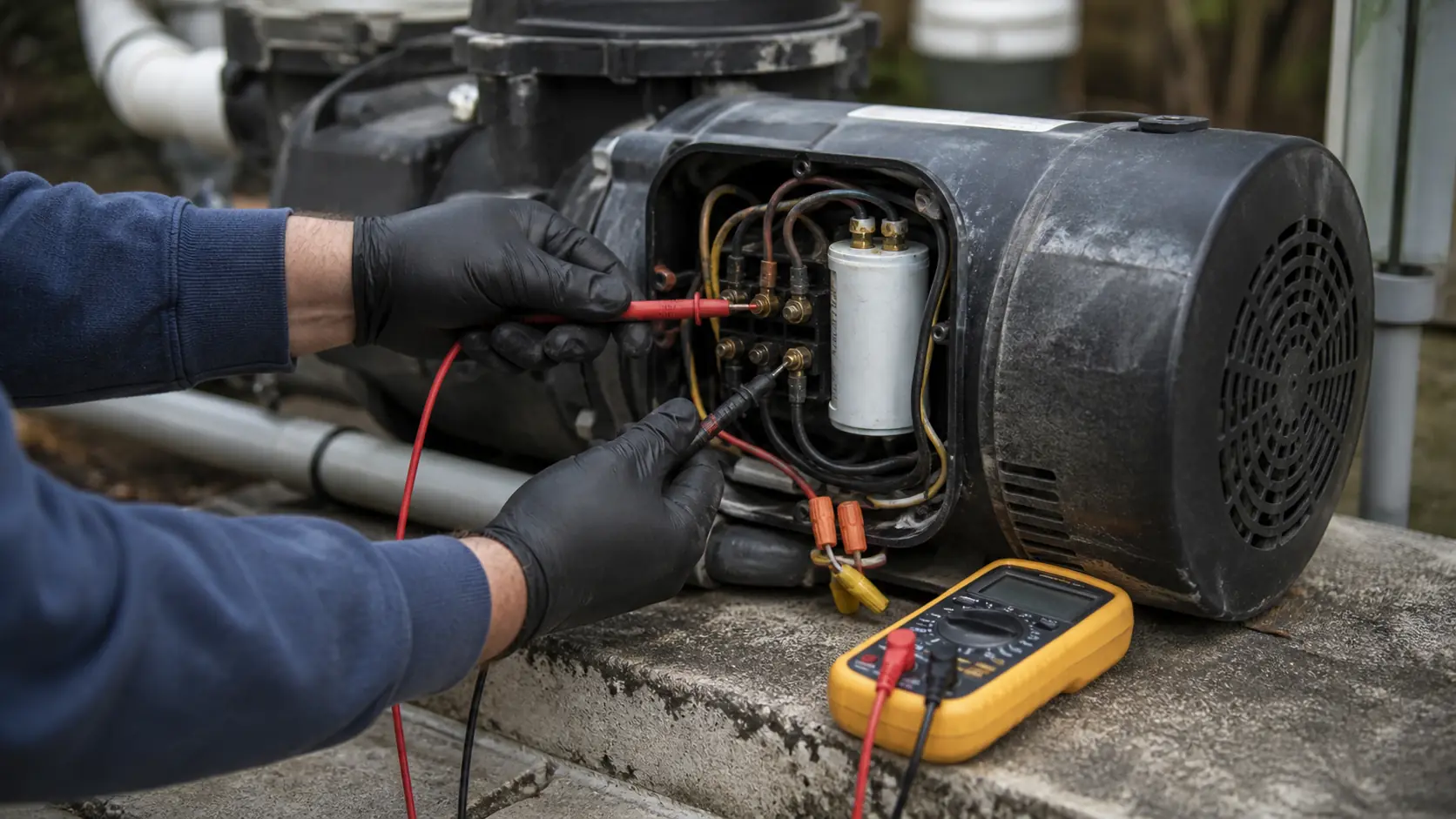 Gloved hands hold multimeter probes against the terminal block of a pool pump motor with the electrical cover removed.