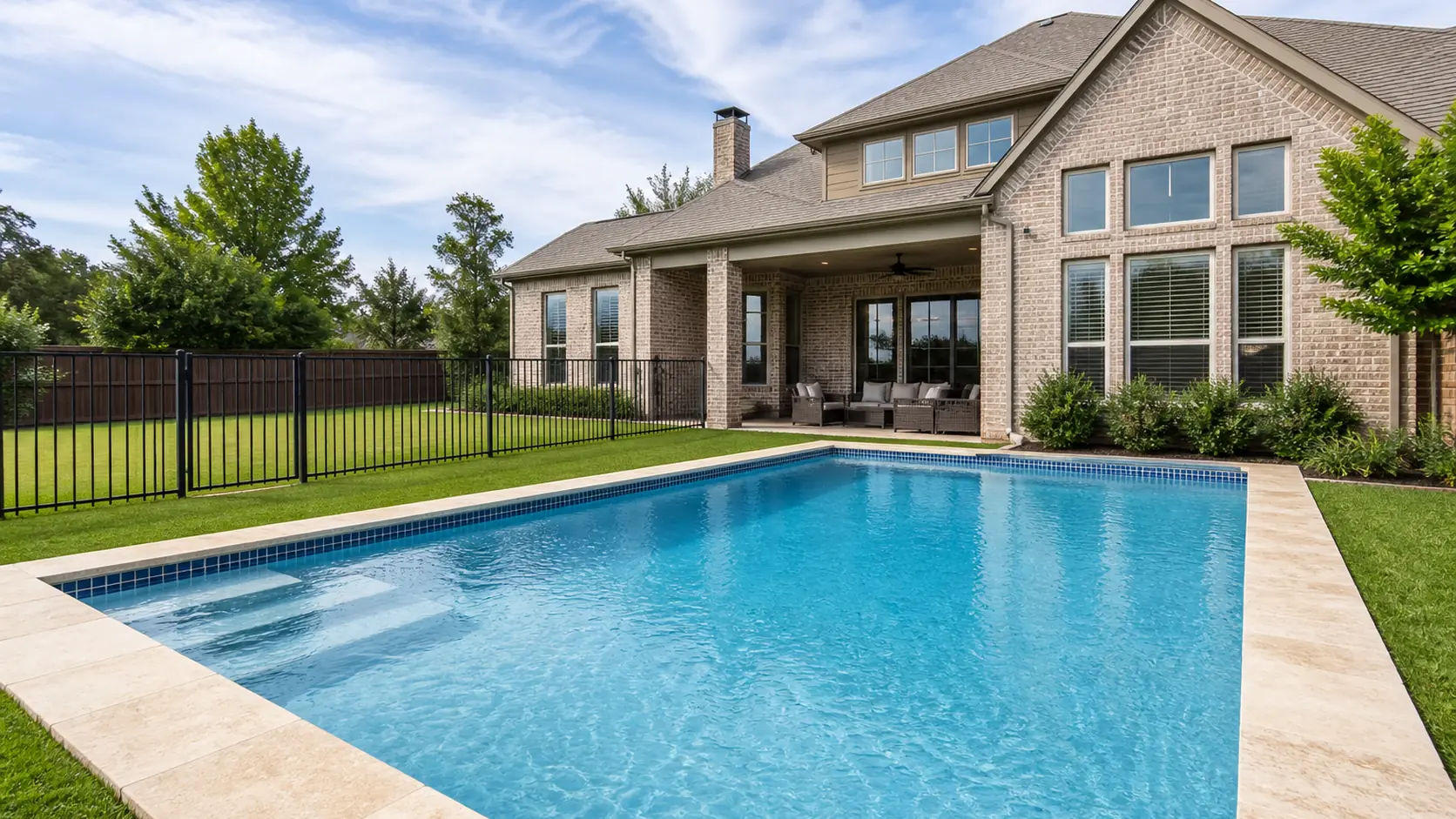 A clean suburban backyard swimming pool with clear blue water and tidy stone coping, a black metal pool fence along one side and a brick Texas house behind it.