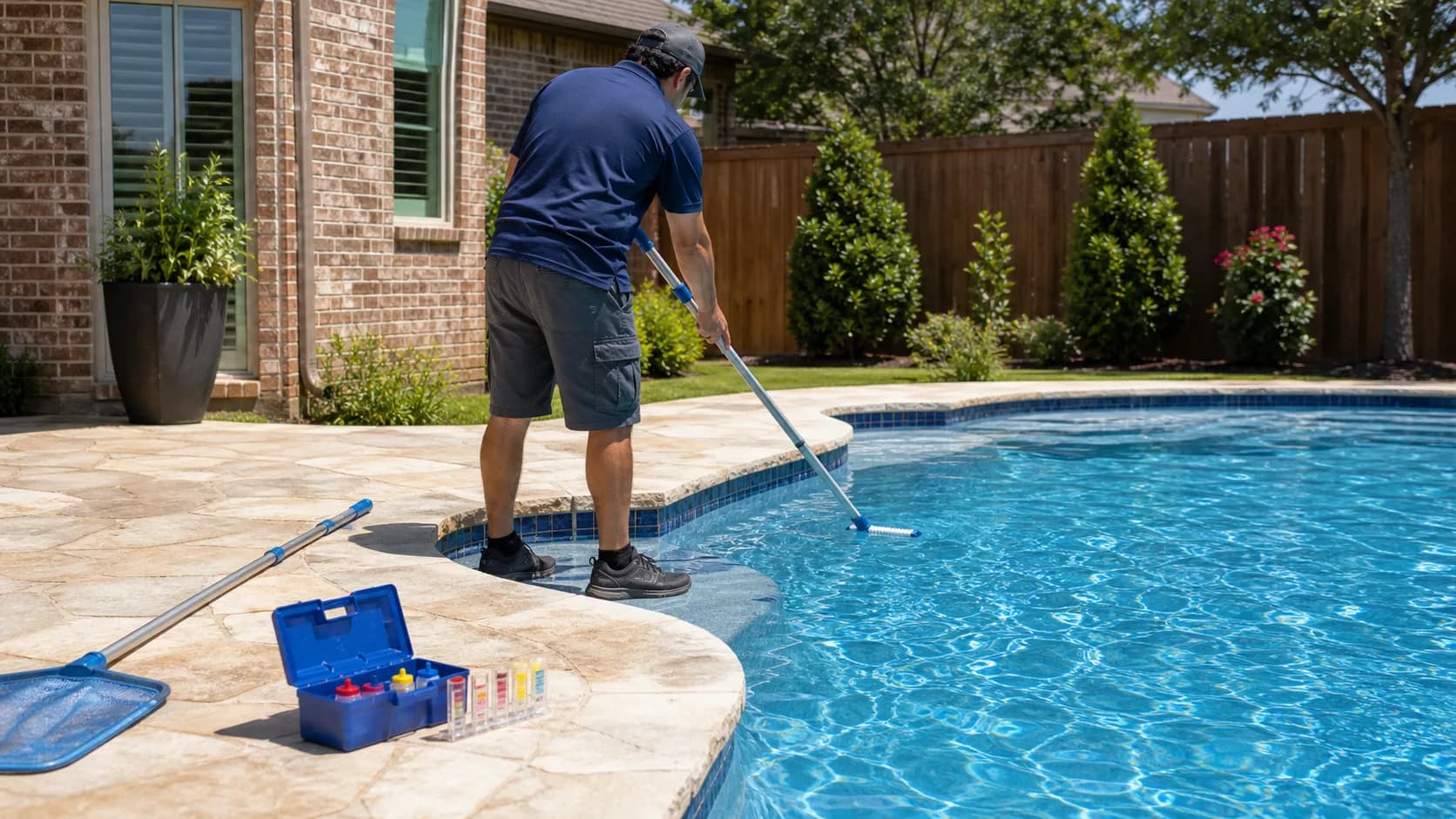 A pool technician brushing the waterline tile with a pole brush, with an open water test kit, leaf rake, and second pole laid out on the deck beside him.