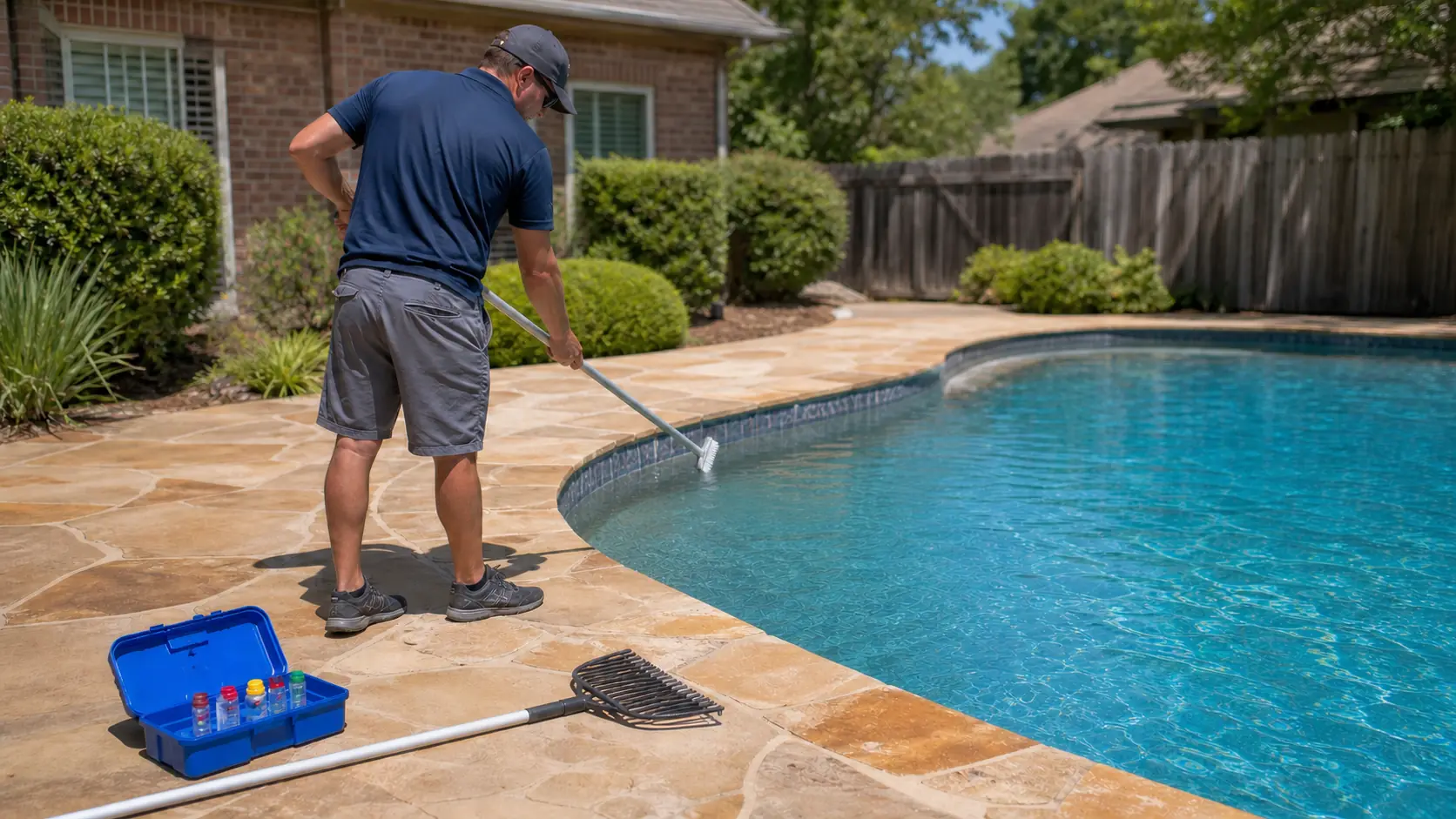 A pool technician standing on the stone deck, brushing the waterline tile with a pole brush, with an open water test kit and a leaf rake on a second pole laid out on the deck beside him.