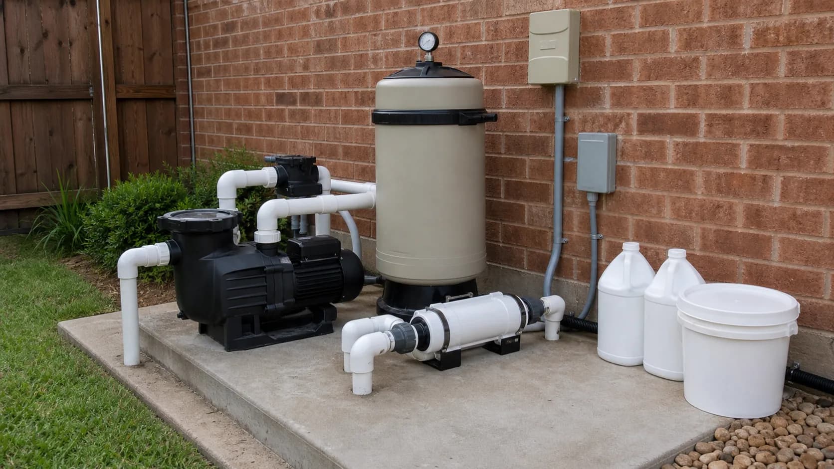 A residential pool equipment pad with a pump, cartridge filter, and salt cell on a concrete slab, with sealed chlorine jugs and a bucket of tablets beside it.