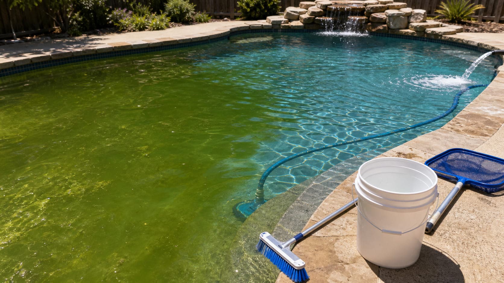 A green backyard pool clearing to blue water with pool recovery tools on the coping.