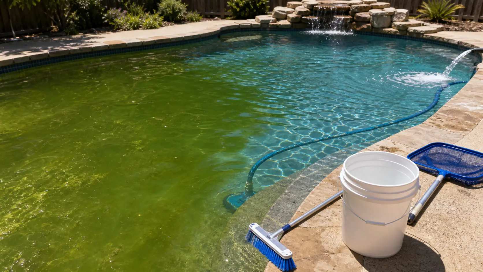 A green backyard pool clearing to blue water with pool recovery tools on the coping.